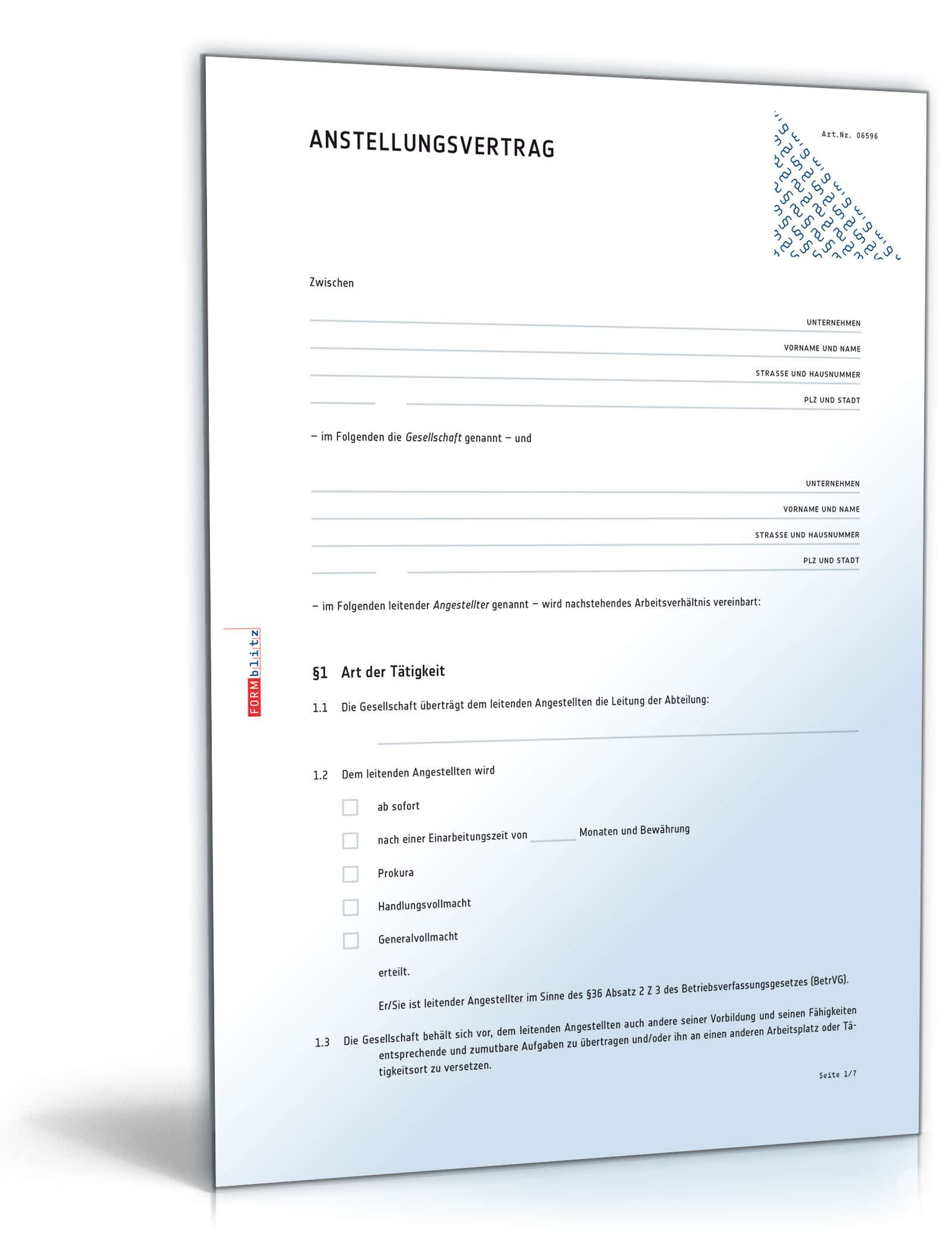 Hauptbild des Produkts: Anstellungsvertrag für leitende Angestellte (bei bestehendem Arbeitsverhältnis)