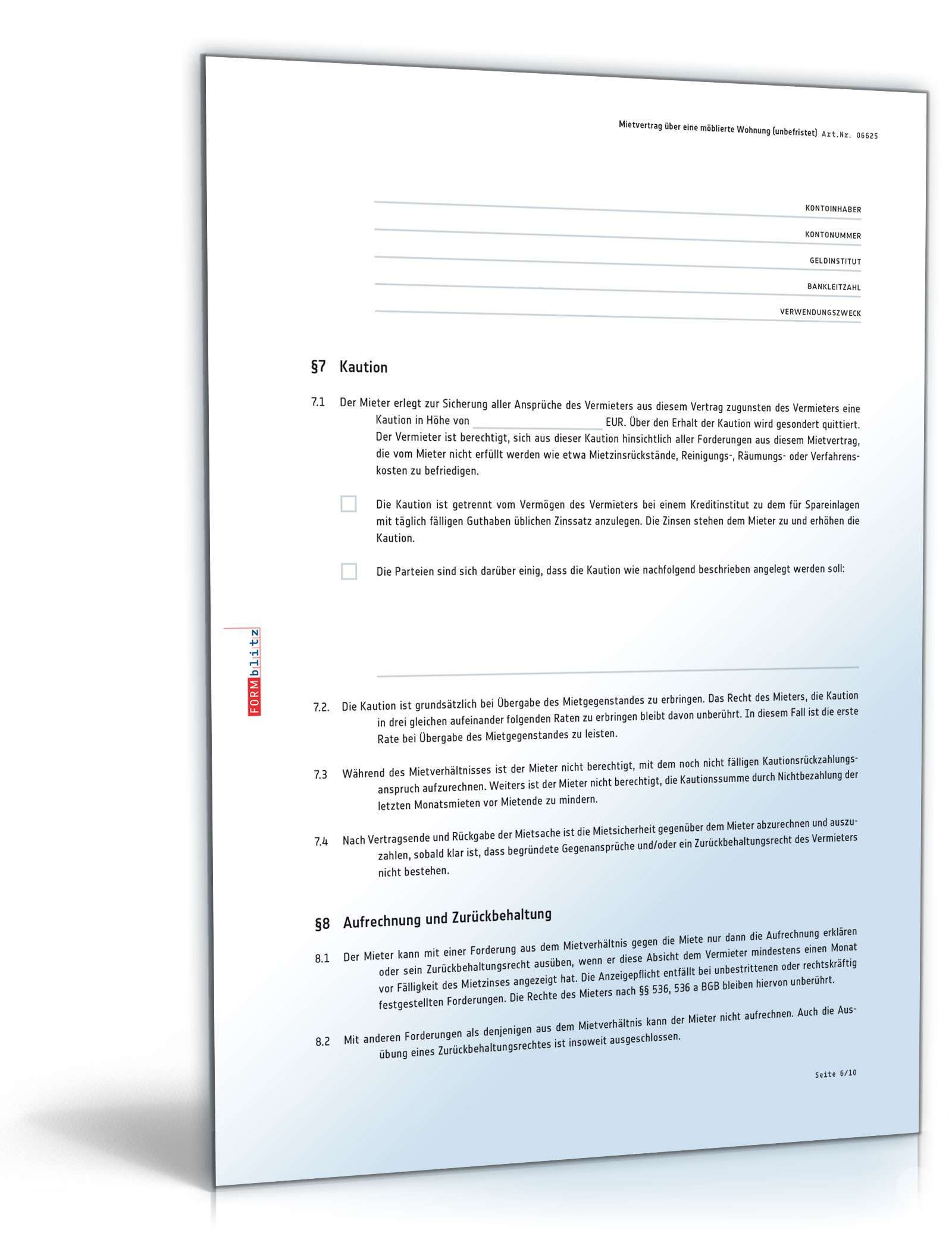 Unbefristeter Mietvertrag über eine möblierte Wohnung MusterVorlage zum Download.