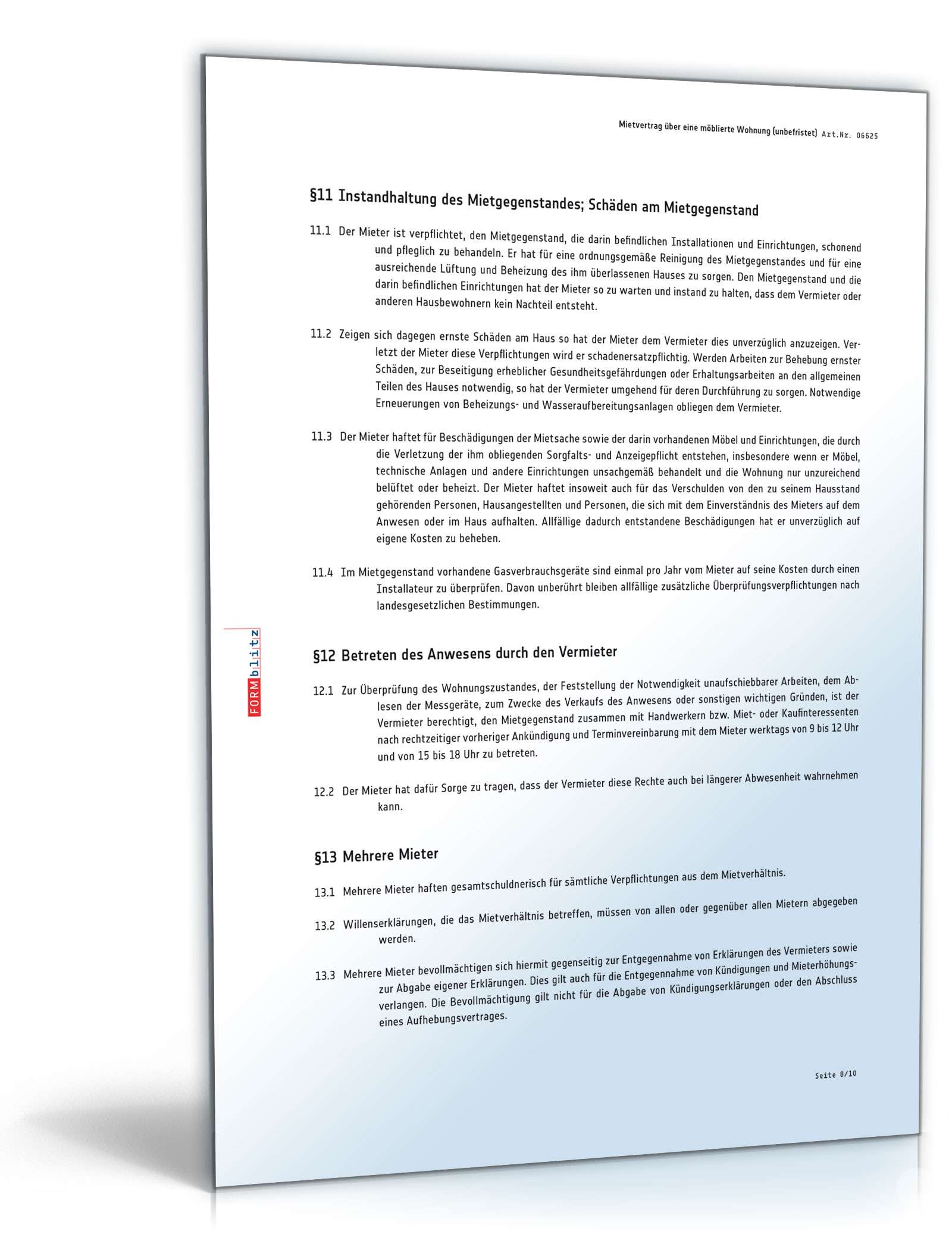 Unbefristeter Mietvertrag über eine möblierte Wohnung MusterVorlage zum Download.