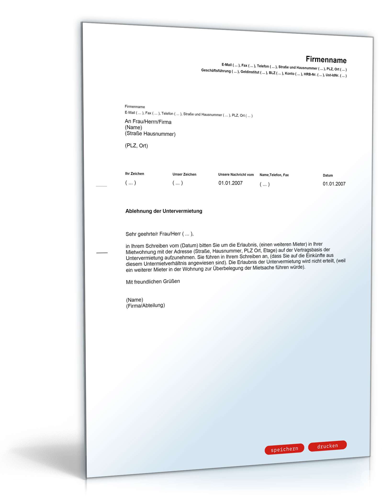 Ablehnung Untervermietung - Muster-Vorlage zum Download