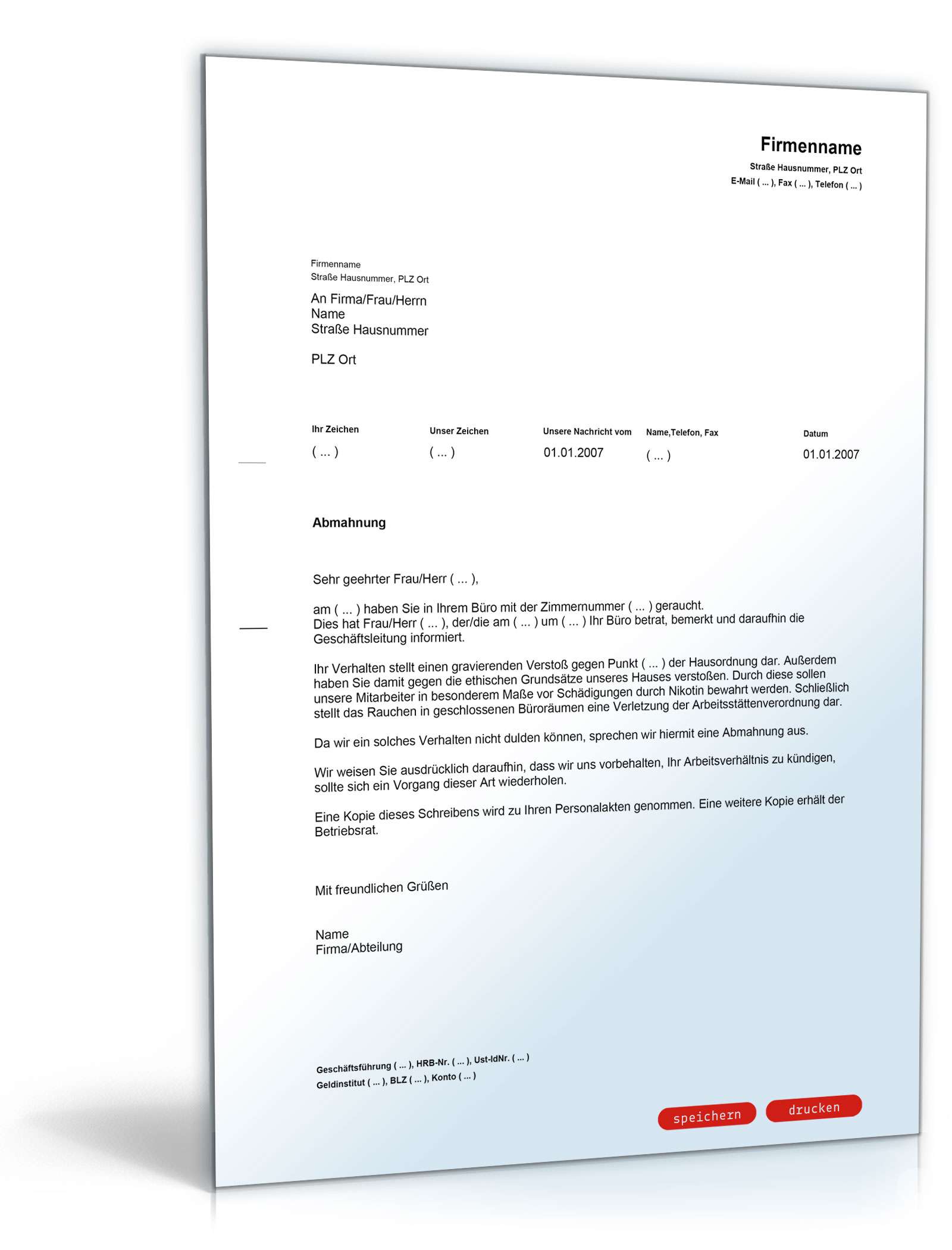 Abmahnung (Verstoß Rauchverbot) - Muster-Vorlage zum Download