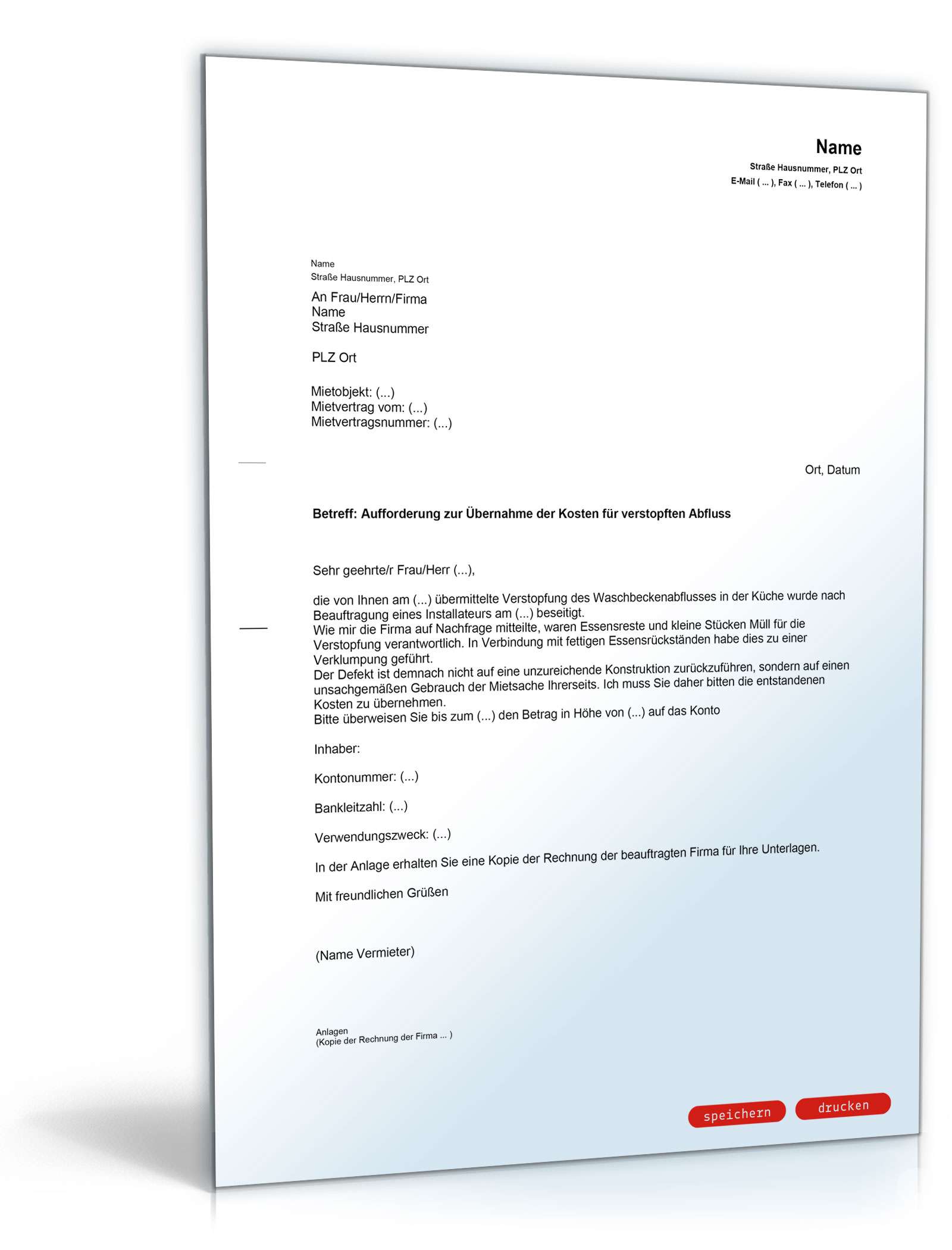 Aufforderung zur Übernahme der Kosten für verstopften Abfluss MusterVorlage zum Download