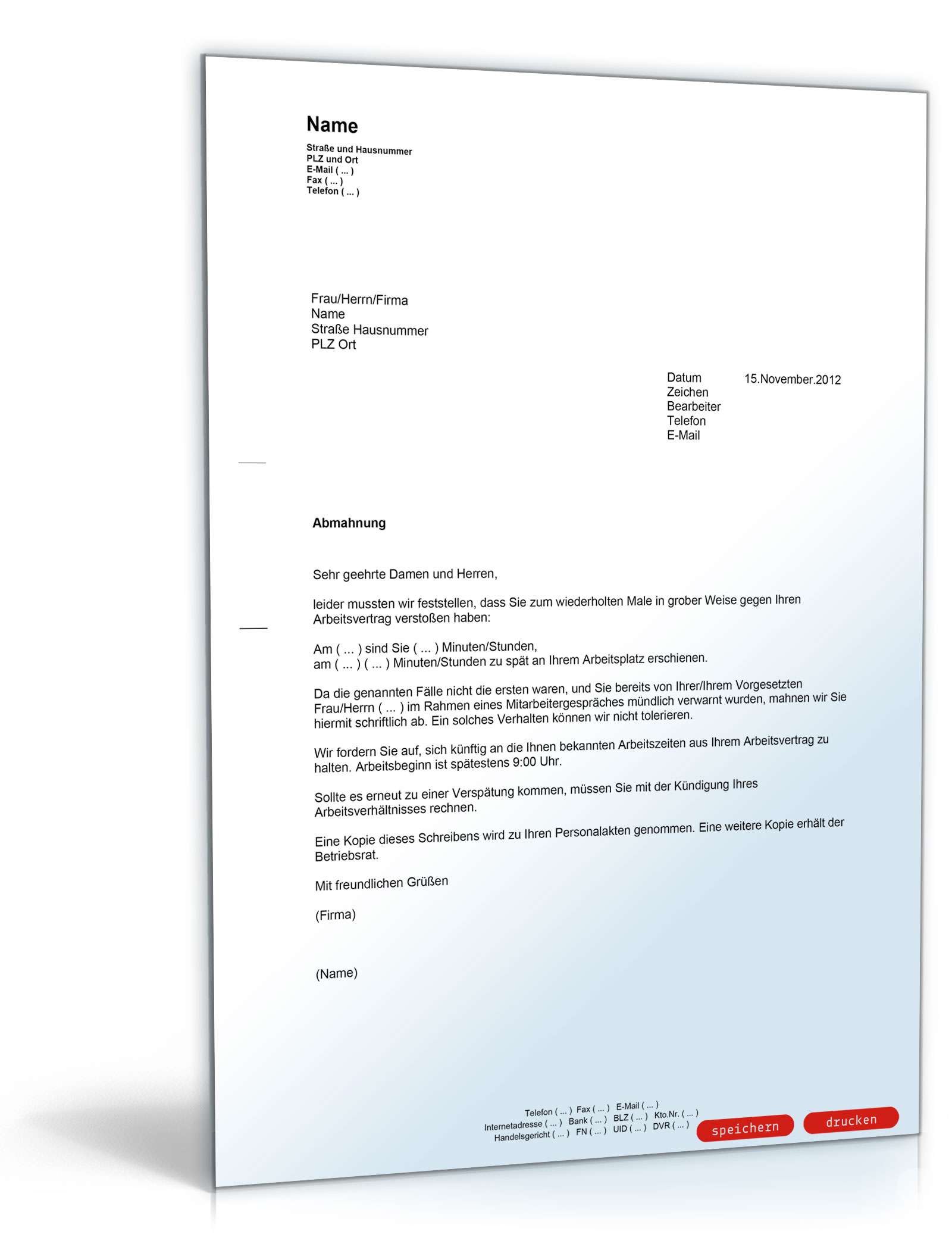 Abmahnung (Unpünktlichkeit) MusterVorlage zum Download