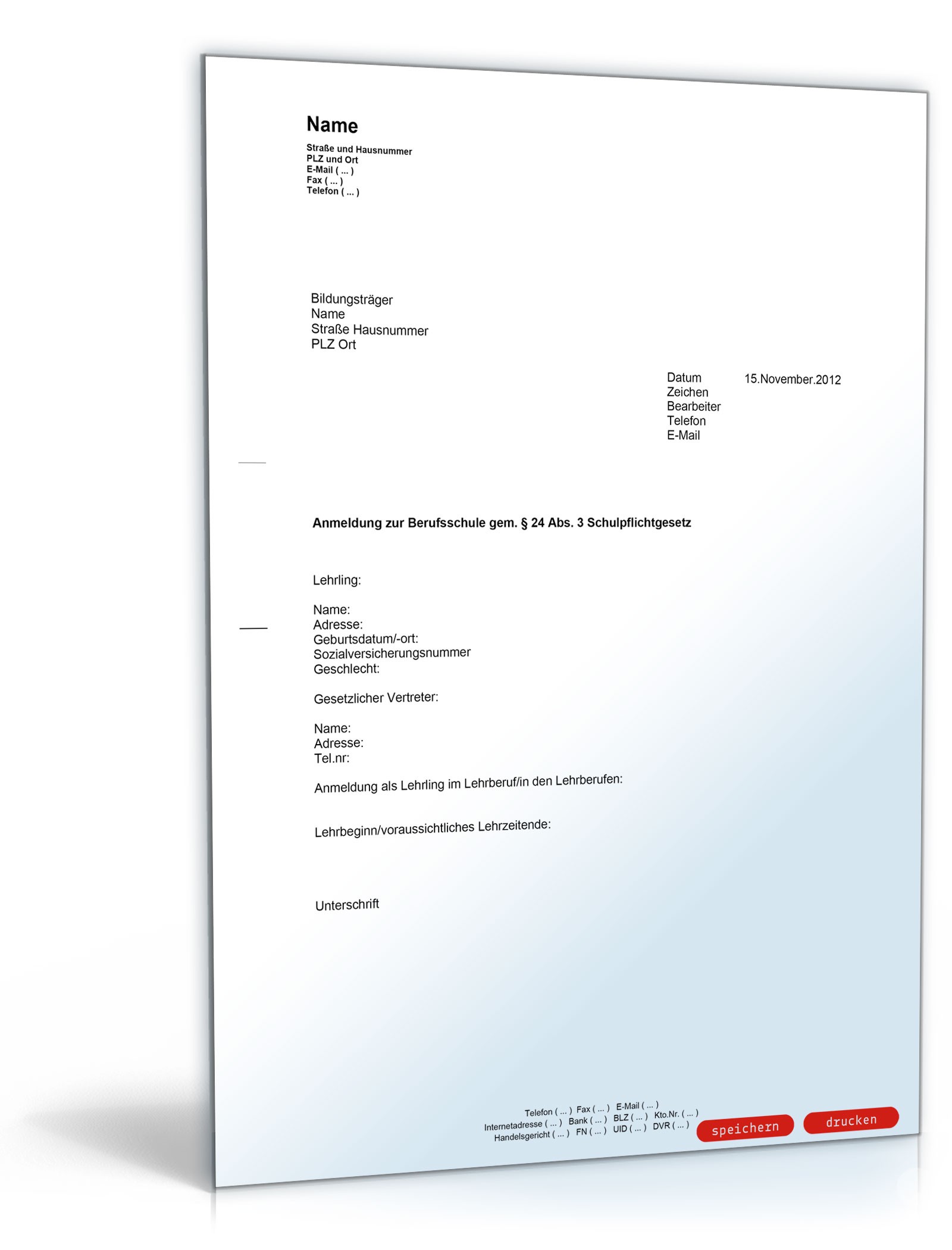 Anmeldung eines Lehrlings zur Berufsschule - Muster-Vorlage zum Download