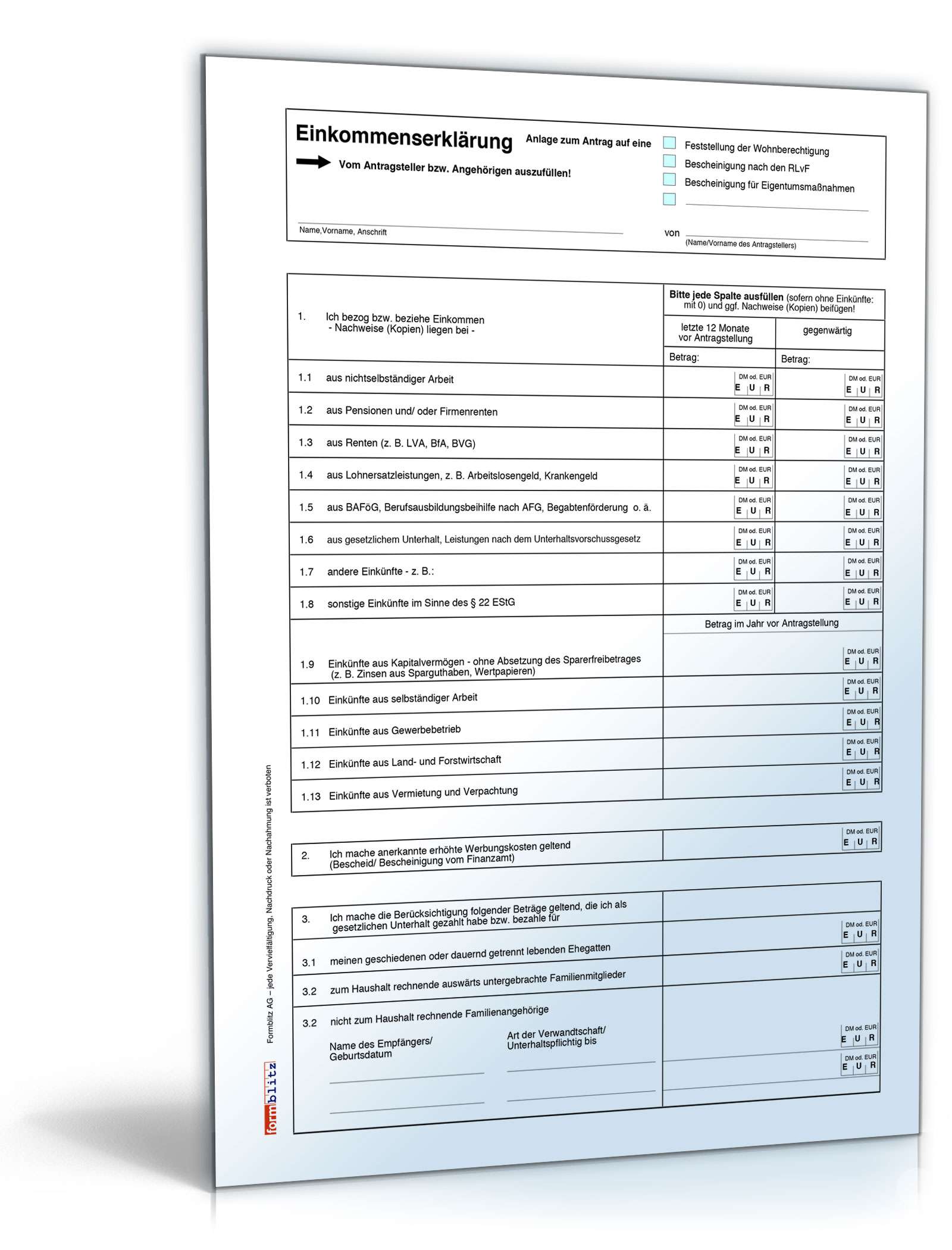 Einkommenserklärung für den Antrag auf einen Wohnberechtigungsschein WBS Vorlage zum Download