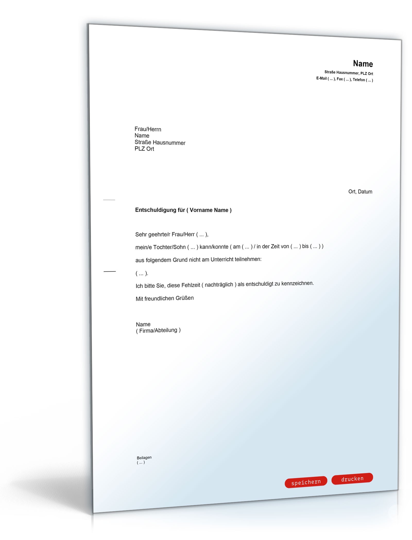 Entschuldigung für die Schule - Muster-Vorlage zum Download