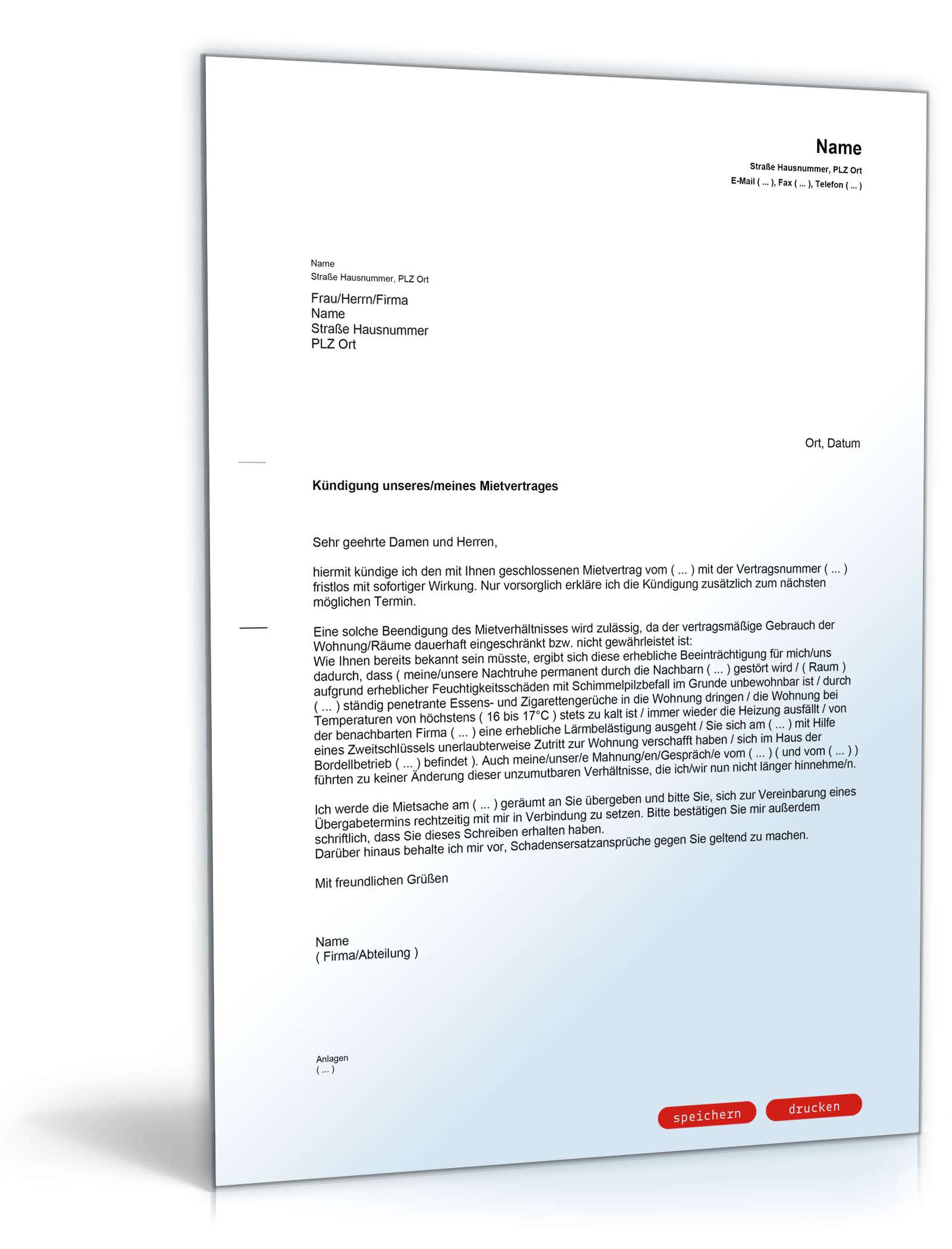 Kündigung Mietvertrag (fristlos, Mieter) MusterVorlage