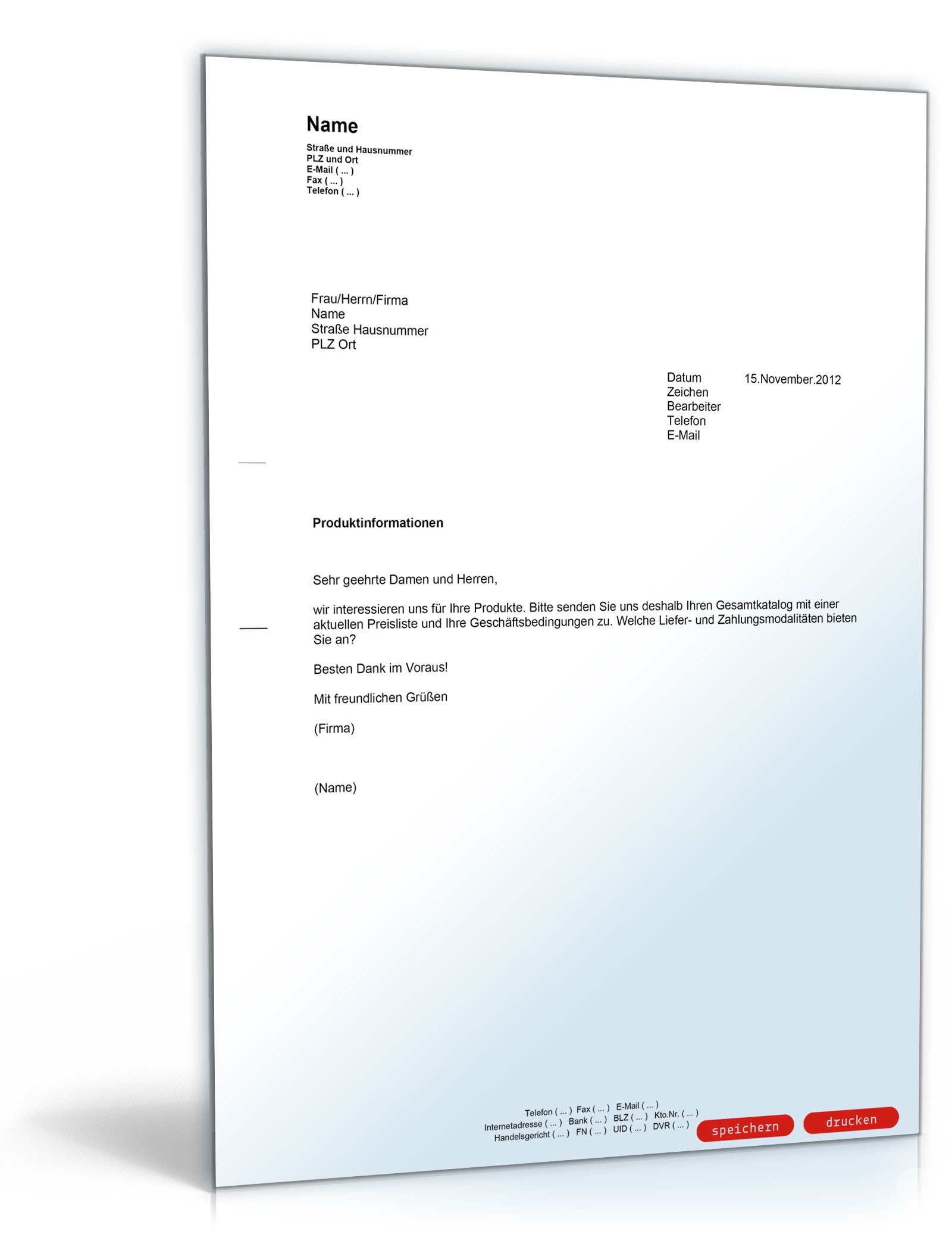 Geschäftliche Anfrage nach Produktinformationen MusterVorlage zum Download