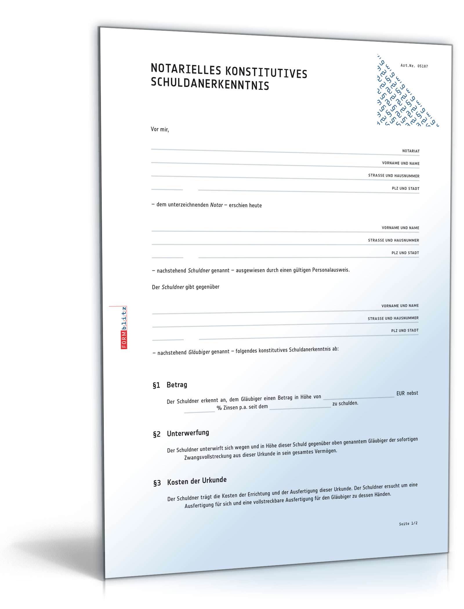 Schuldanerkenntnis (notariell, konstitutiv) - Formular zum Download