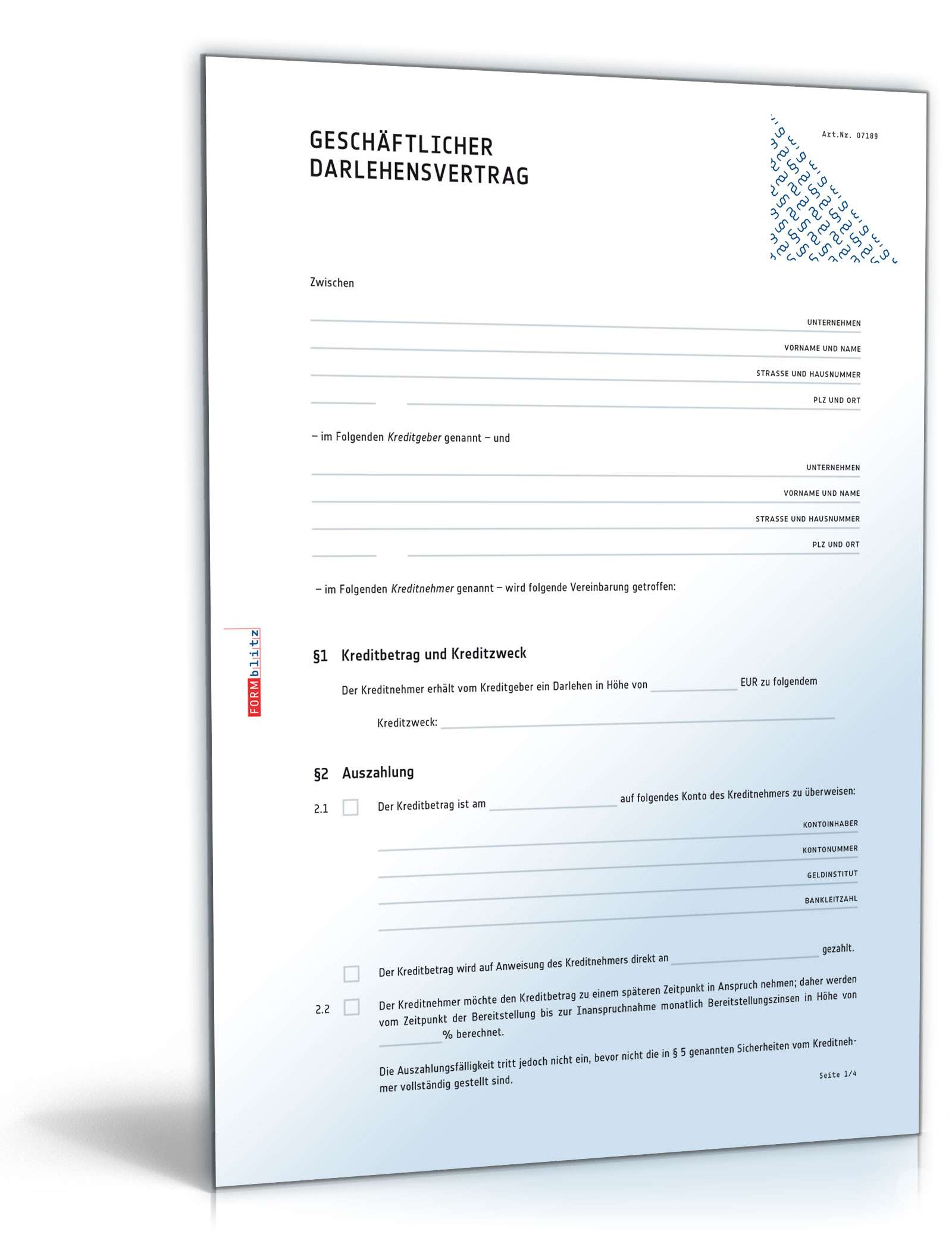 Geschäftlicher Darlehensvertrag - Muster-Vorlage zum Download
