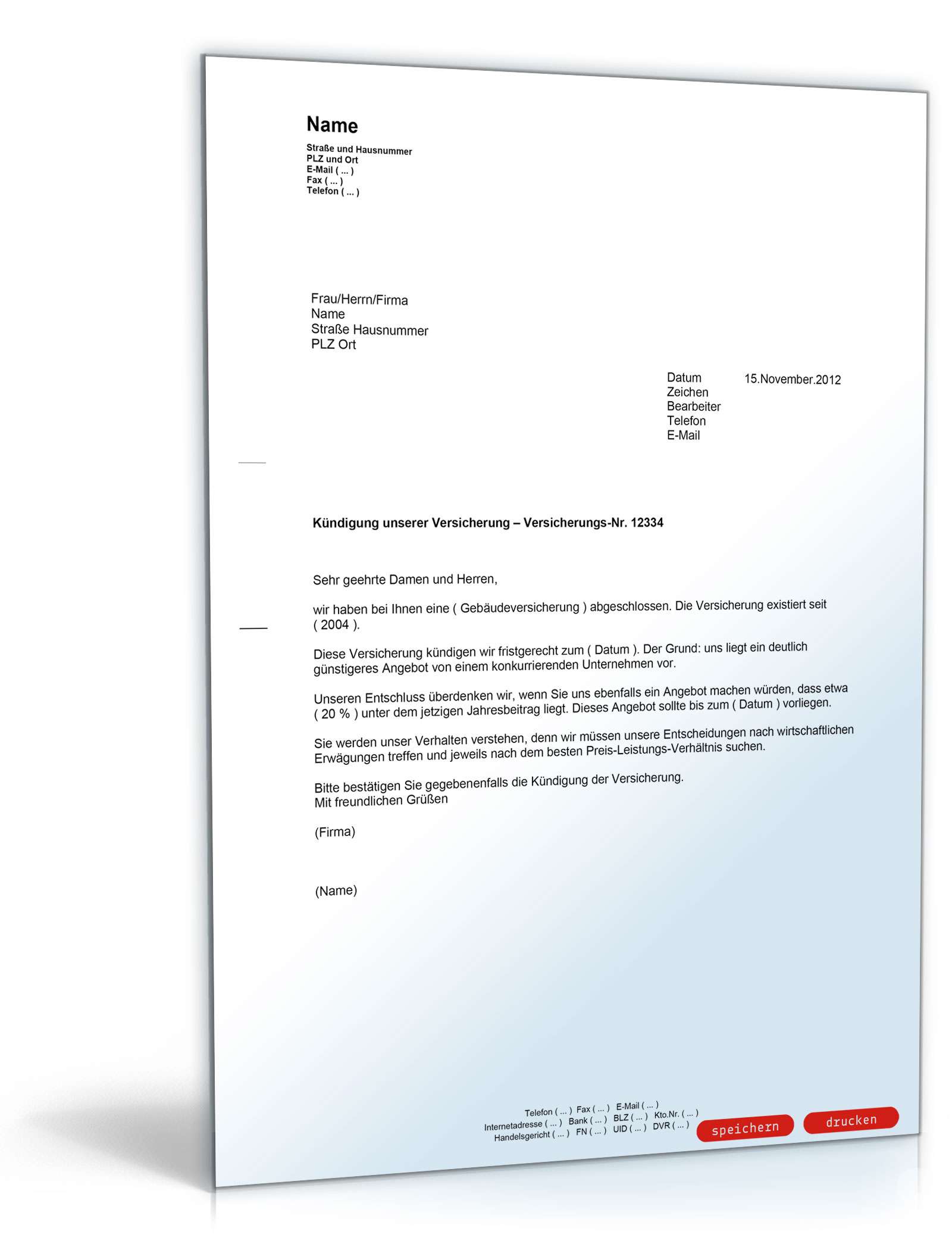 Kündigung einer Versicherung - Muster-Vorlage zum Download