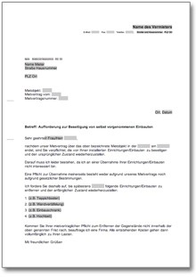 Aufforderung Zur Beseitigung Von Selbst Vorgenommenen Einbauten At Musterbrief Download