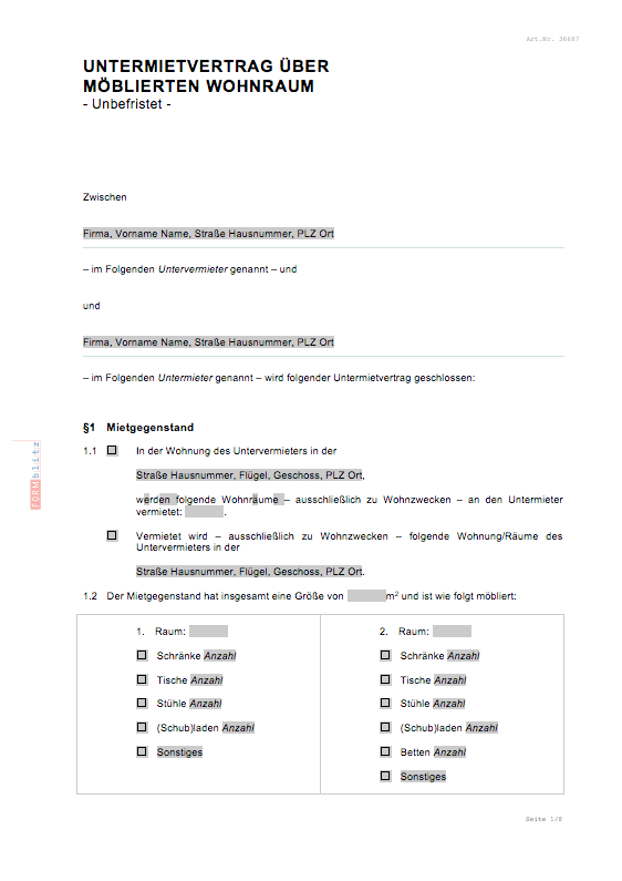 Untermietvertrag über möblierten Wohnraum (befristet) - Muster-Vorlage zum Download