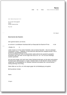Beschwerde über Baulärm bei einem Bauherrn Dokument zum Download