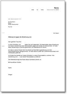 Gegendarstellung zur Abmahnung wegen Teilnahme an einer Demonstration Dokument zum Download