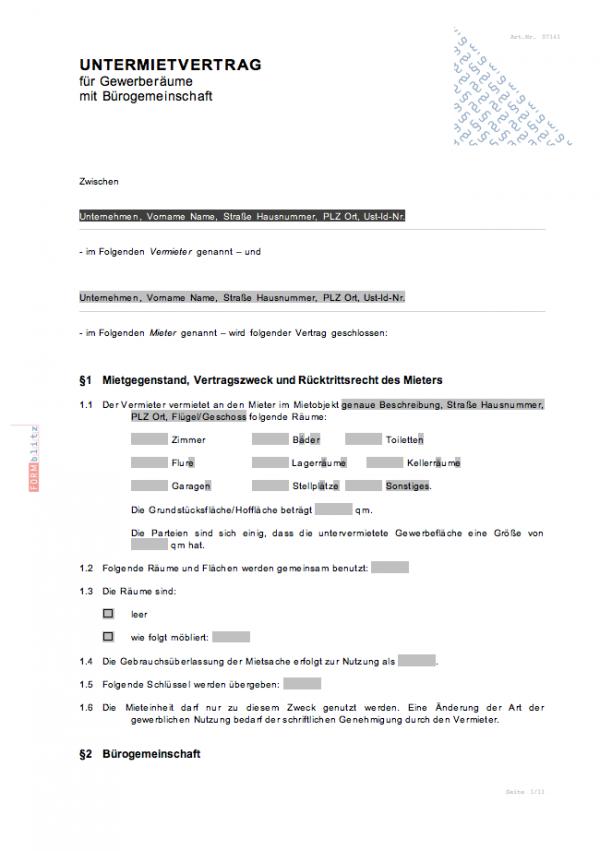 Untermietvertrag für Gewerberäume mit Bürogemeinschaft - Muster-Vorlage zum Download