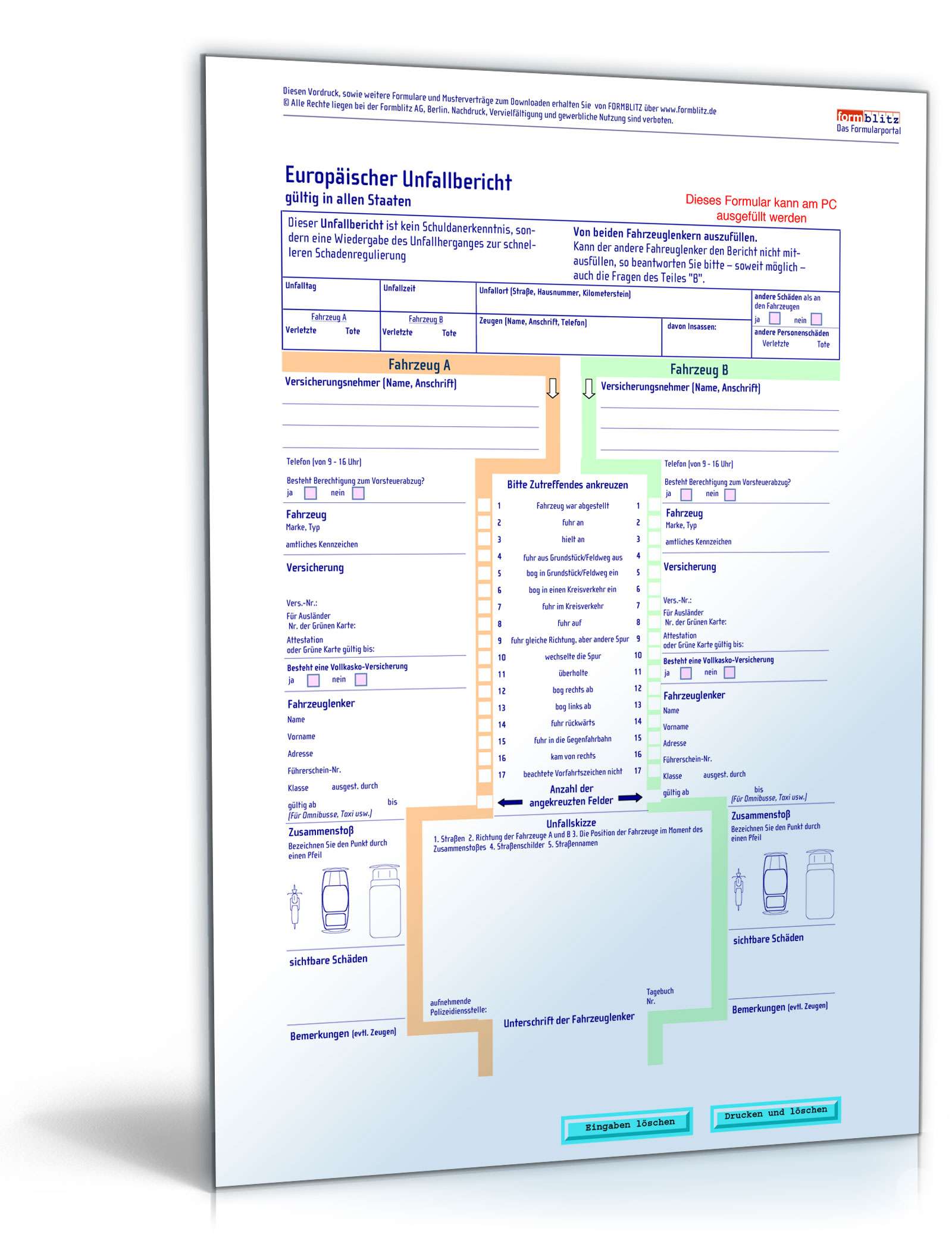 Europäischer Unfallbericht mit Schadensmeldung - Formular ...