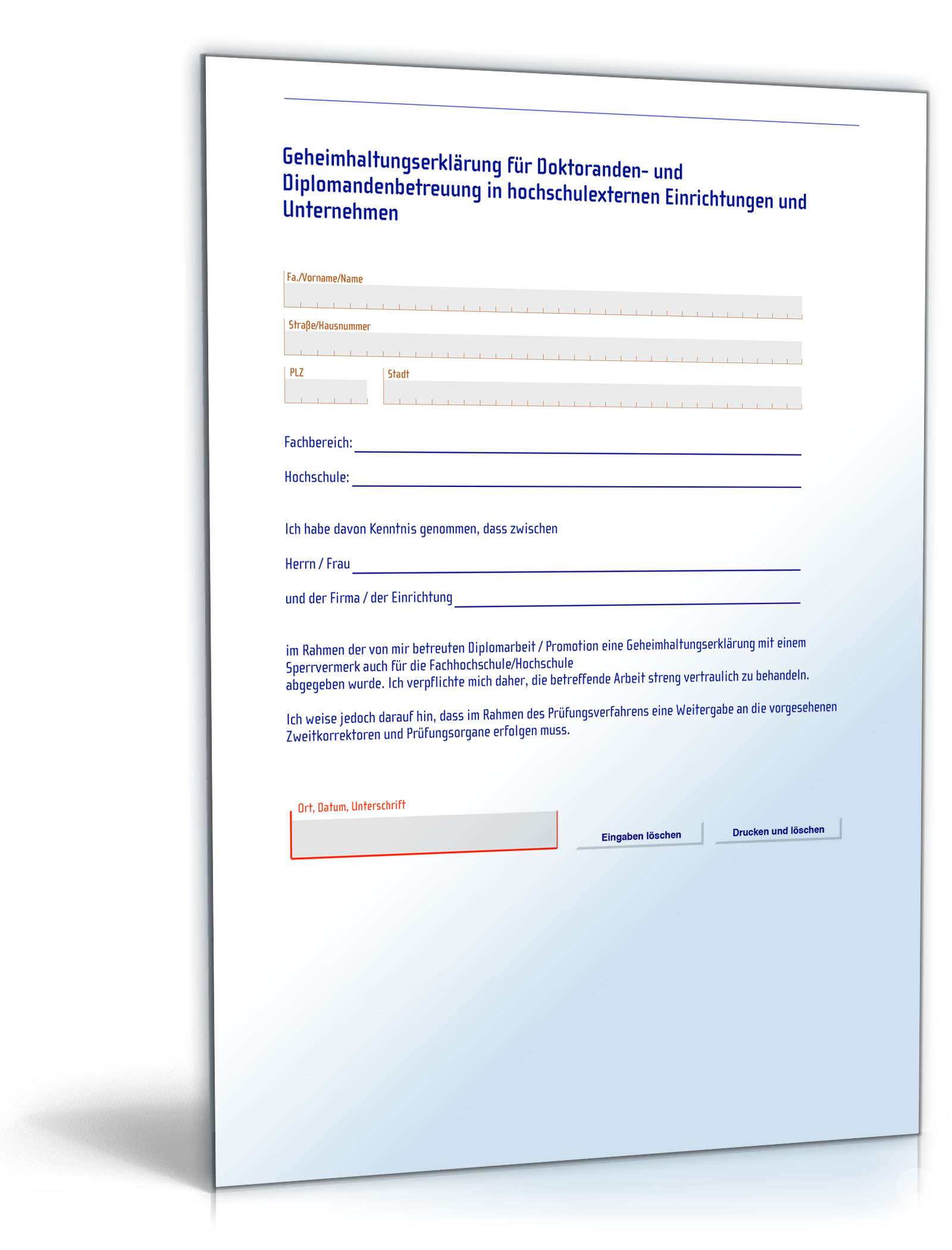 Hauptbild des Produkts: Geheimhaltungserklärung für Doktoranden- und Diplomandenbetreuung