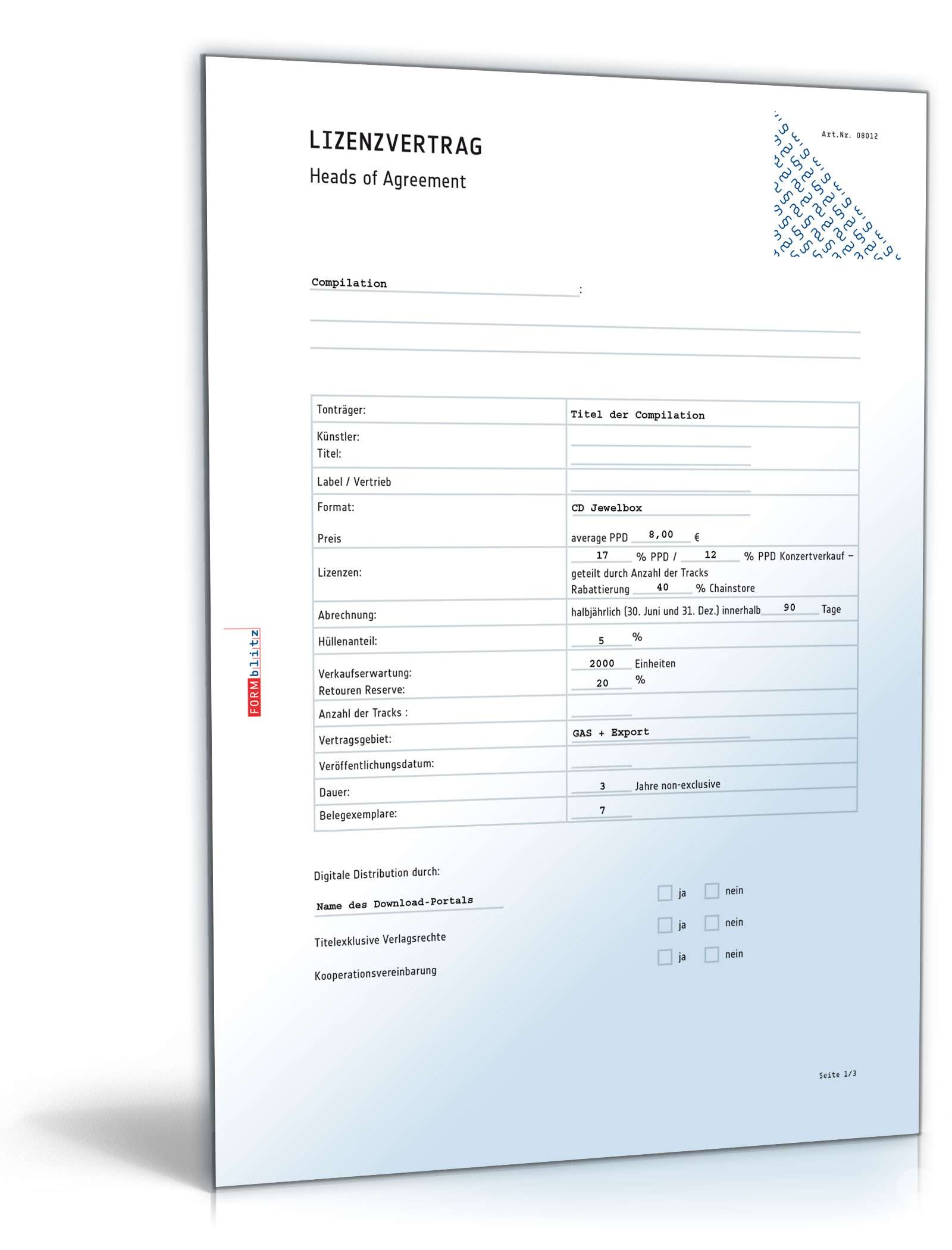 Hauptbild des Produkts: Lizenzvertrag mit Labelcopy - Heads of Agreement