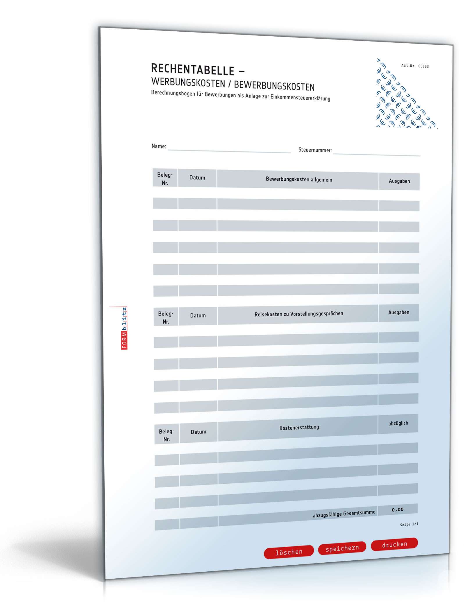 Hauptbild des Produkts: Rechentabelle: Werbungskosten / Bewerbungskosten