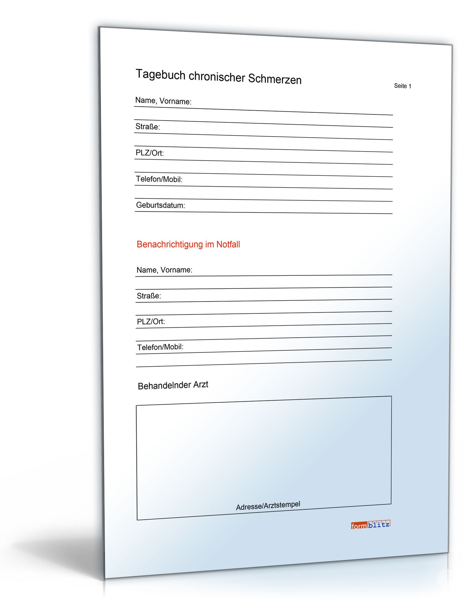 Hauptbild des Produkts: Schmerztagebuch (für eine Woche)