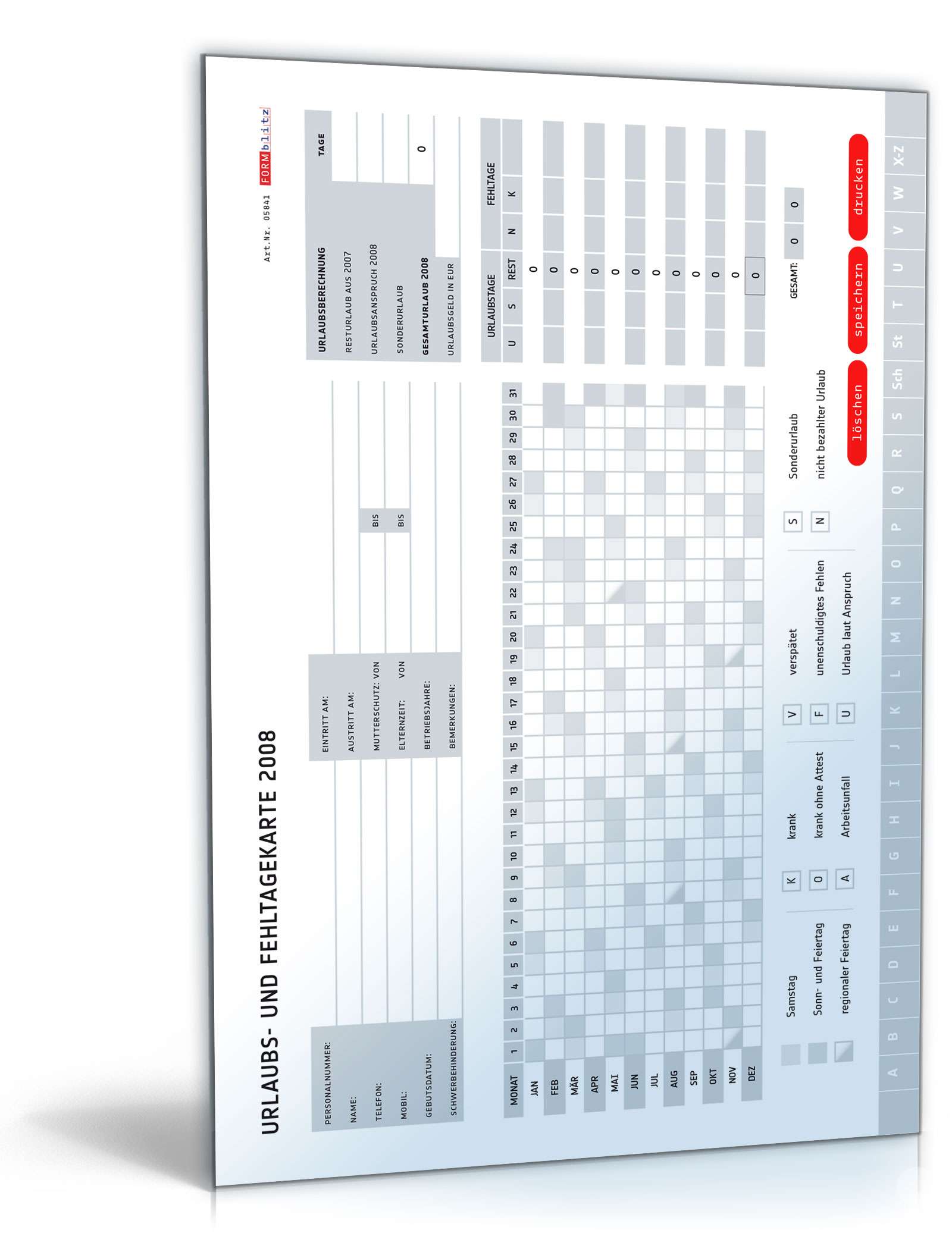 Hauptbild des Produkts: Urlaubs- und Fehltagekarte 2008 (A4)