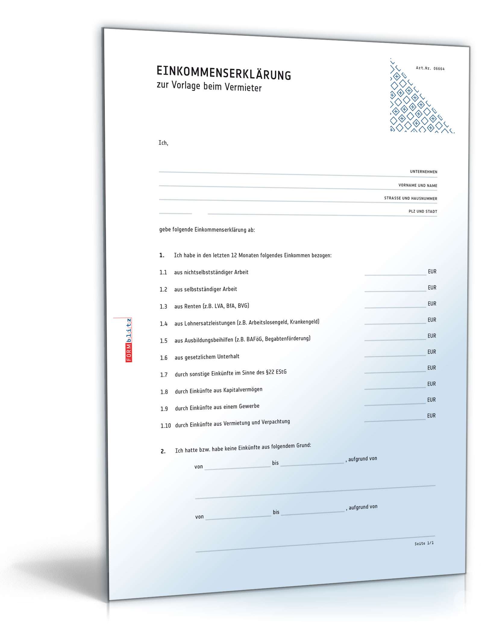 Hauptbild des Produkts: Einkommenserklärung zur Vorlage beim Vermieter
