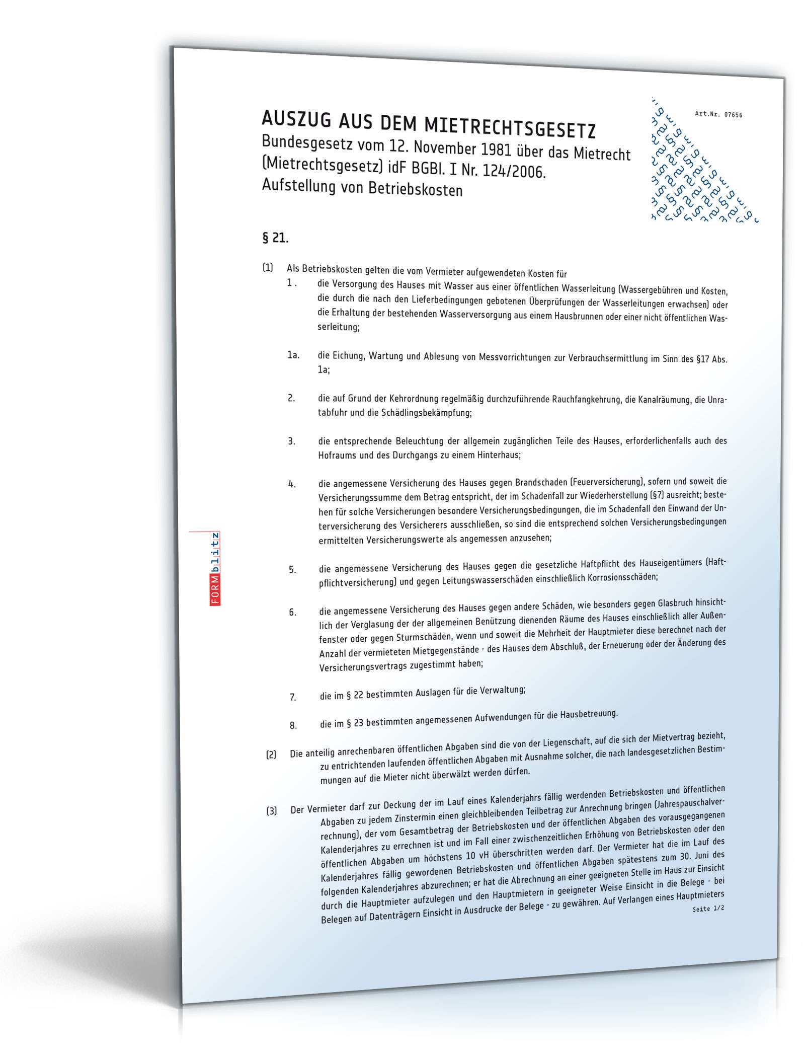 Hauptbild des Produkts: Auszug aus dem Mietrechtsgesetz / Betriebskosten