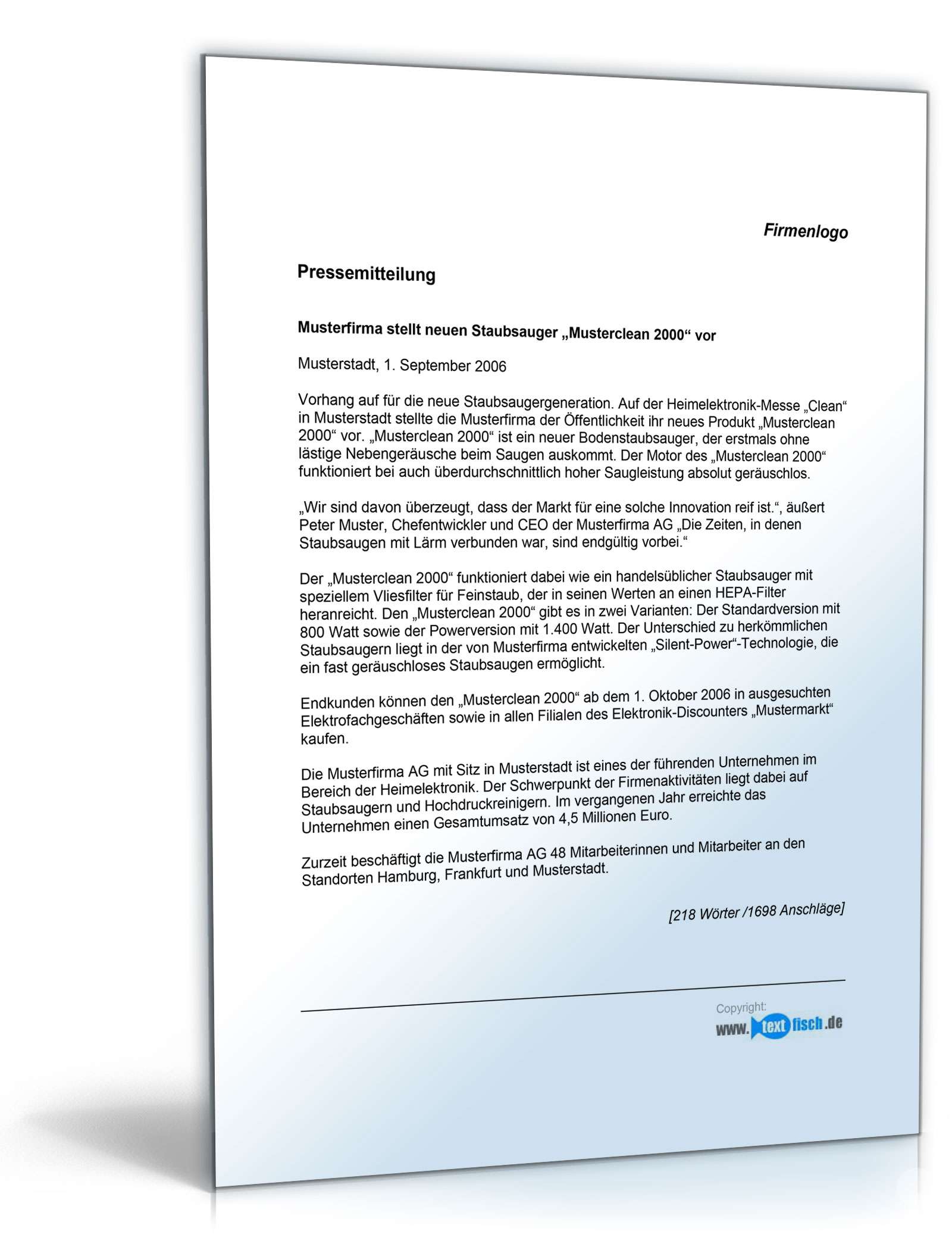 Hauptbild des Produkts: Pressemitteilung Vorstellung eines neuen Produktes