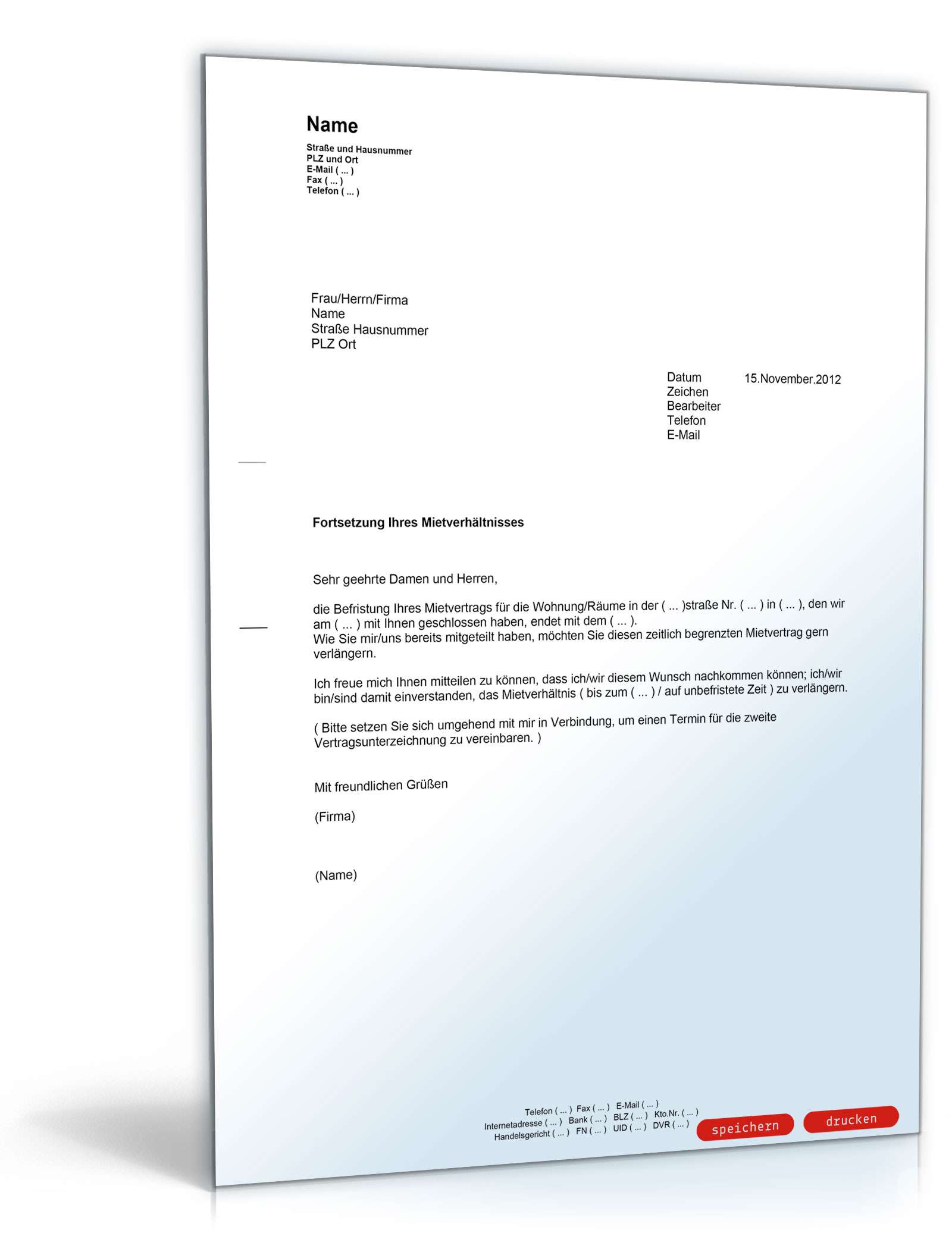Bestätigung des Vermieters zur Fortsetzung eines befristeten Mietverhältnisses PDF