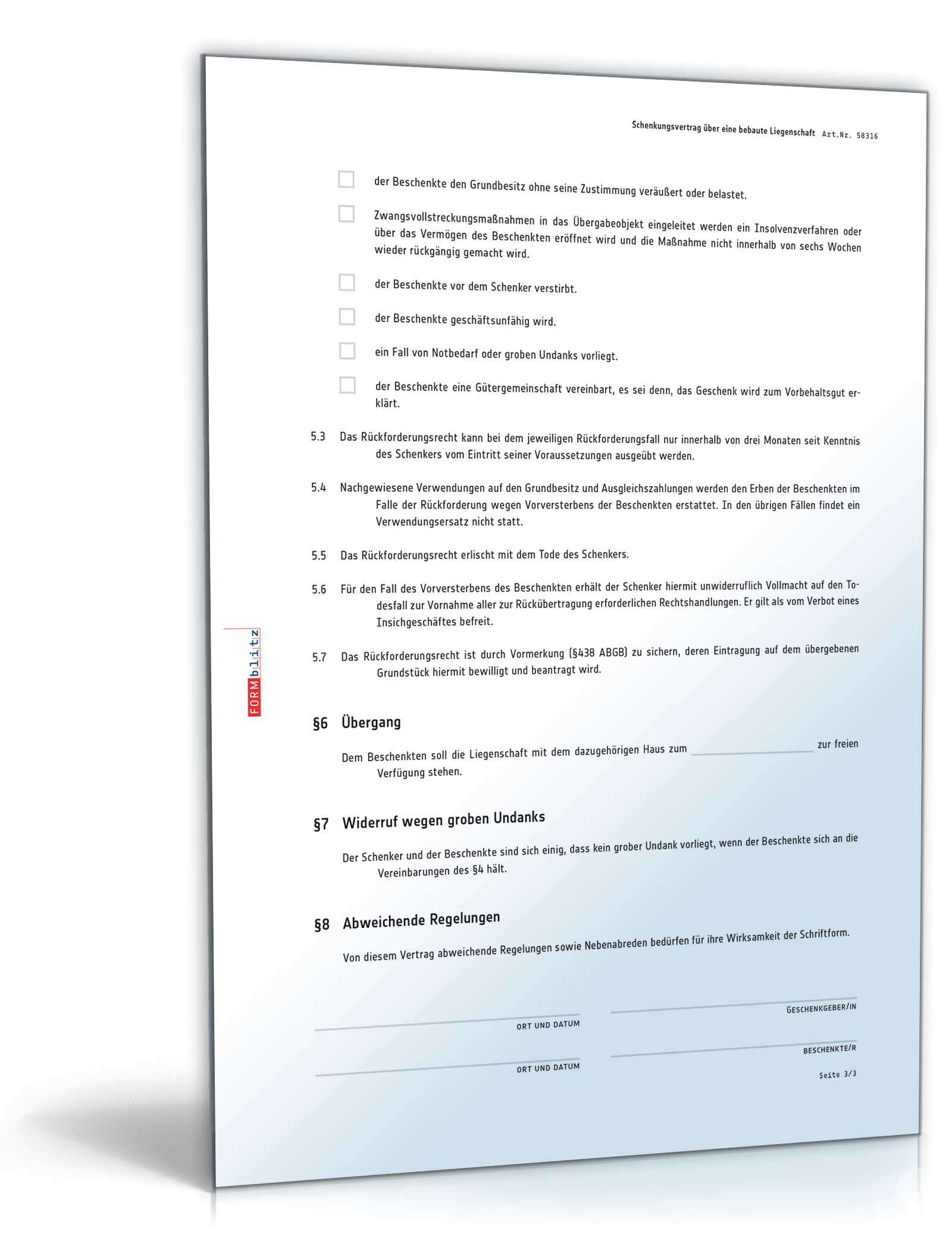 Schenkungsvertrag über eine bebaute Liegenschaft mit Rückforderungsrecht PDF. Seite: 3