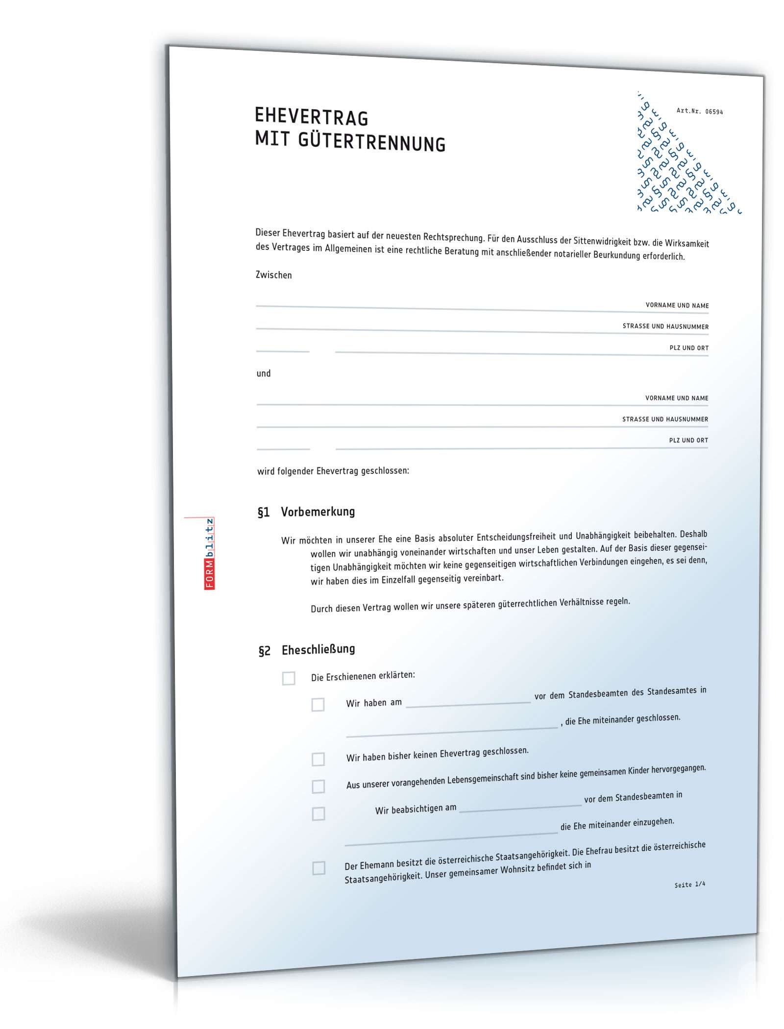 Ehevertrag mit Gütertrennung PDF