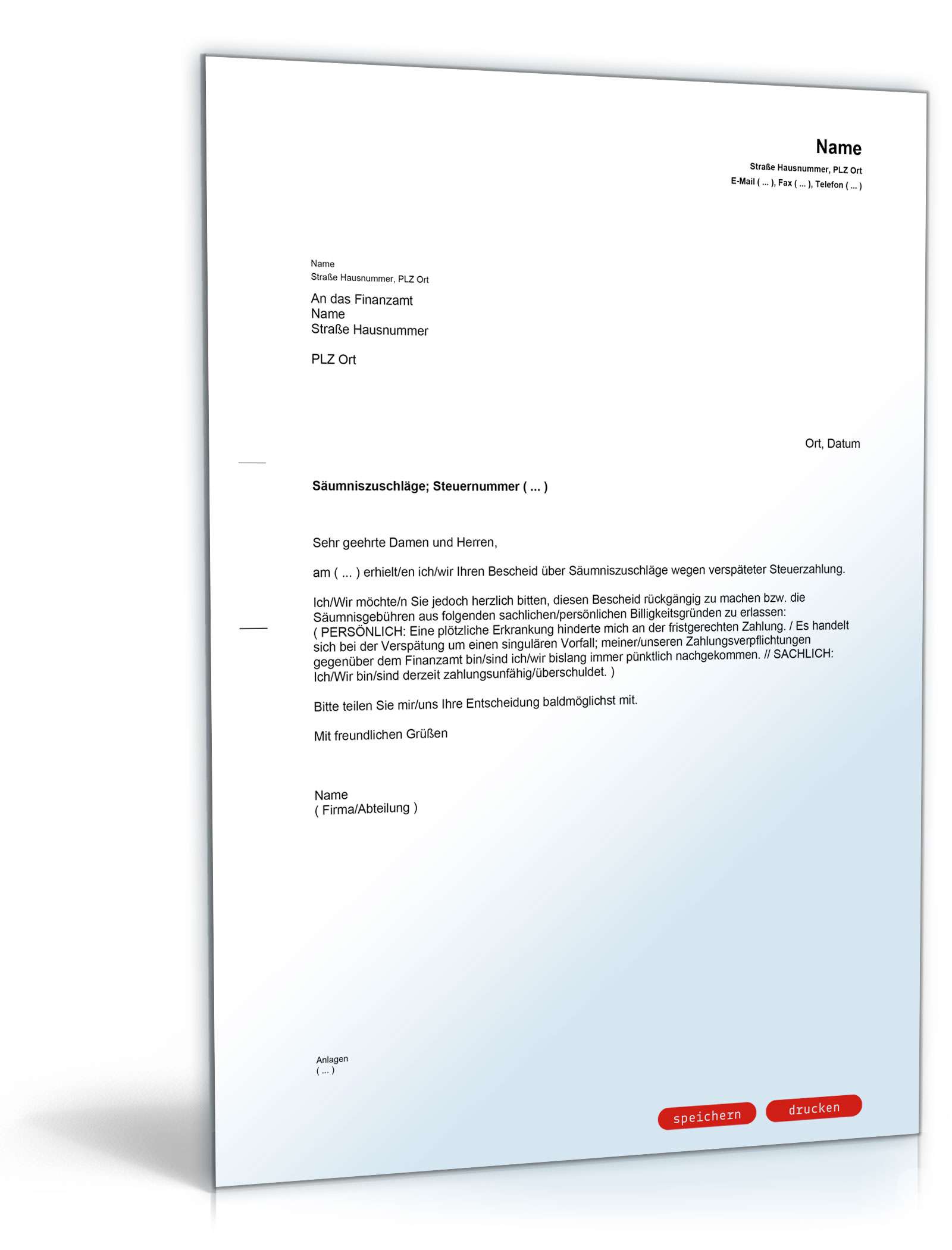 Einspruch an das Finanzamt gegen Säumniszuschläge PDF