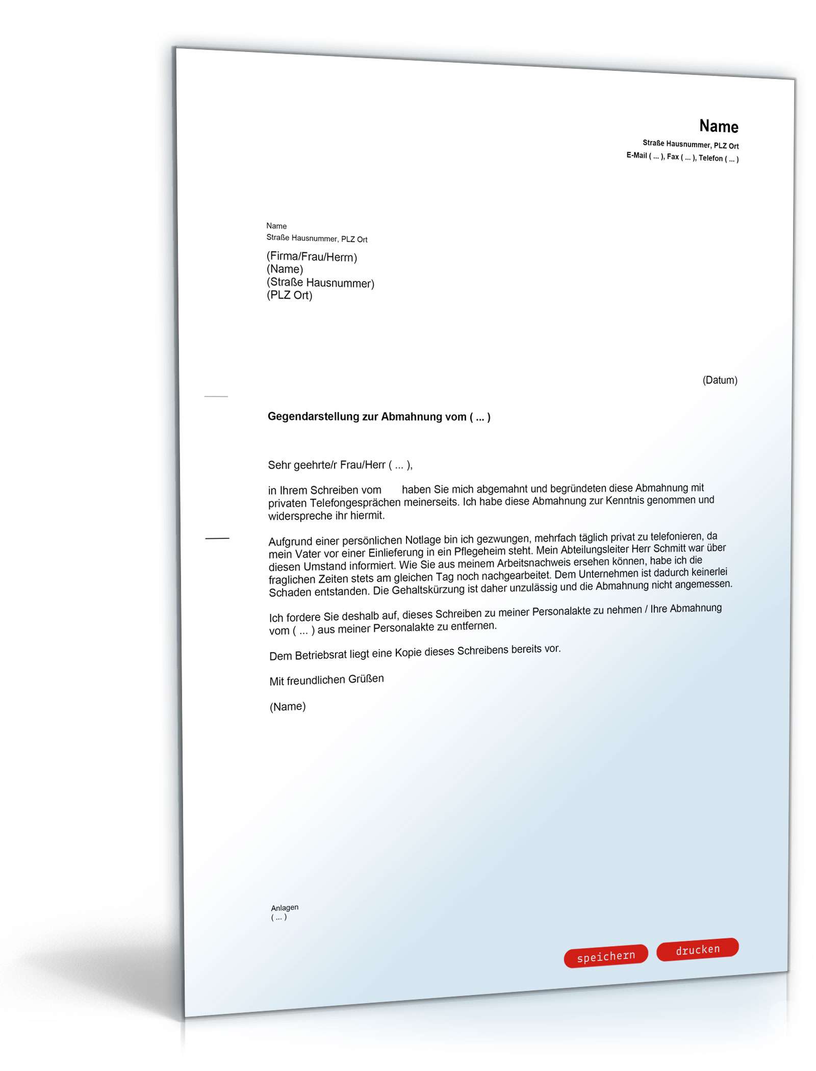 Gegendarstellung zur Abmahnung wegen privater Telefongespräche PDF