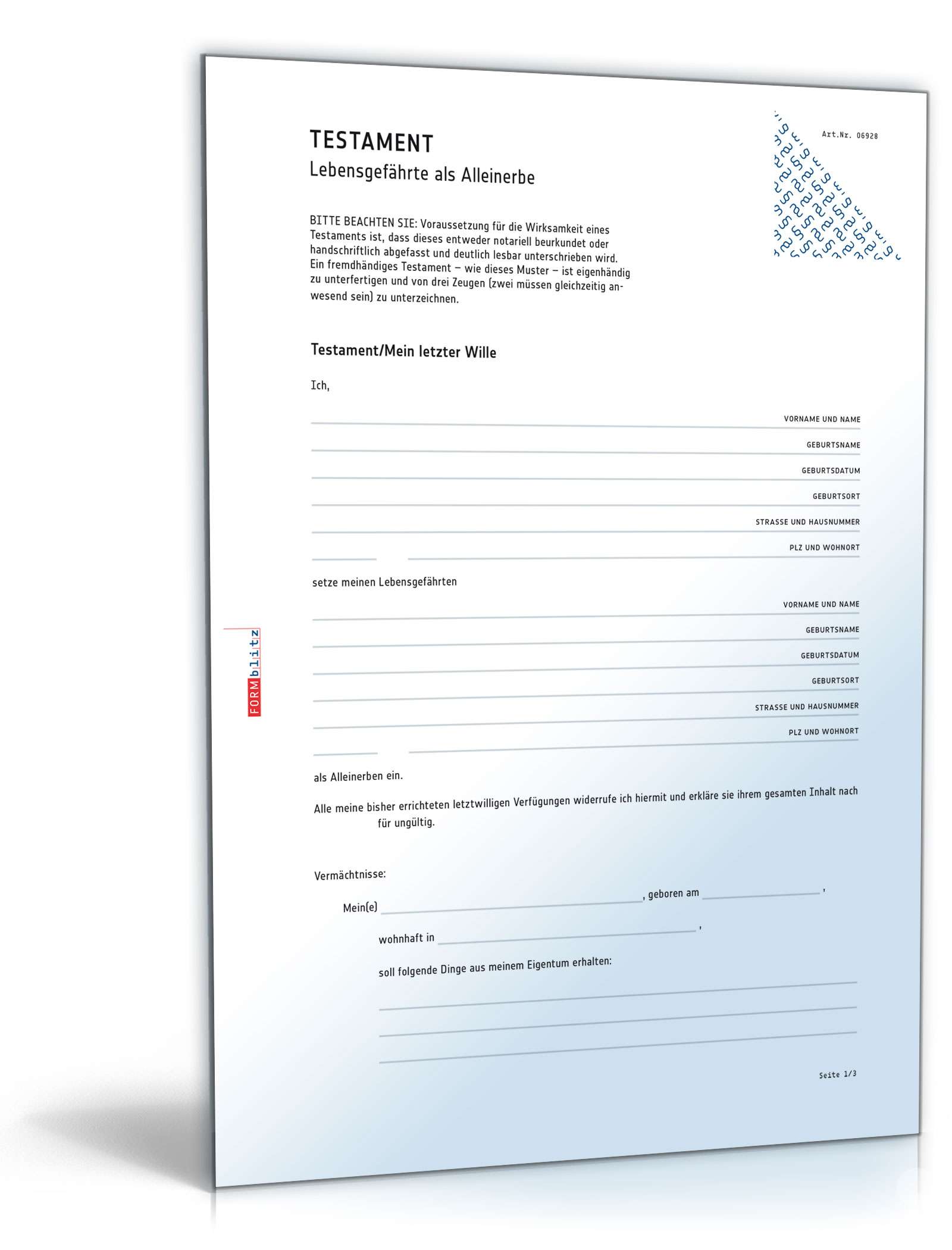 Testament - Lebensgefährte als Alleinerbe PDF