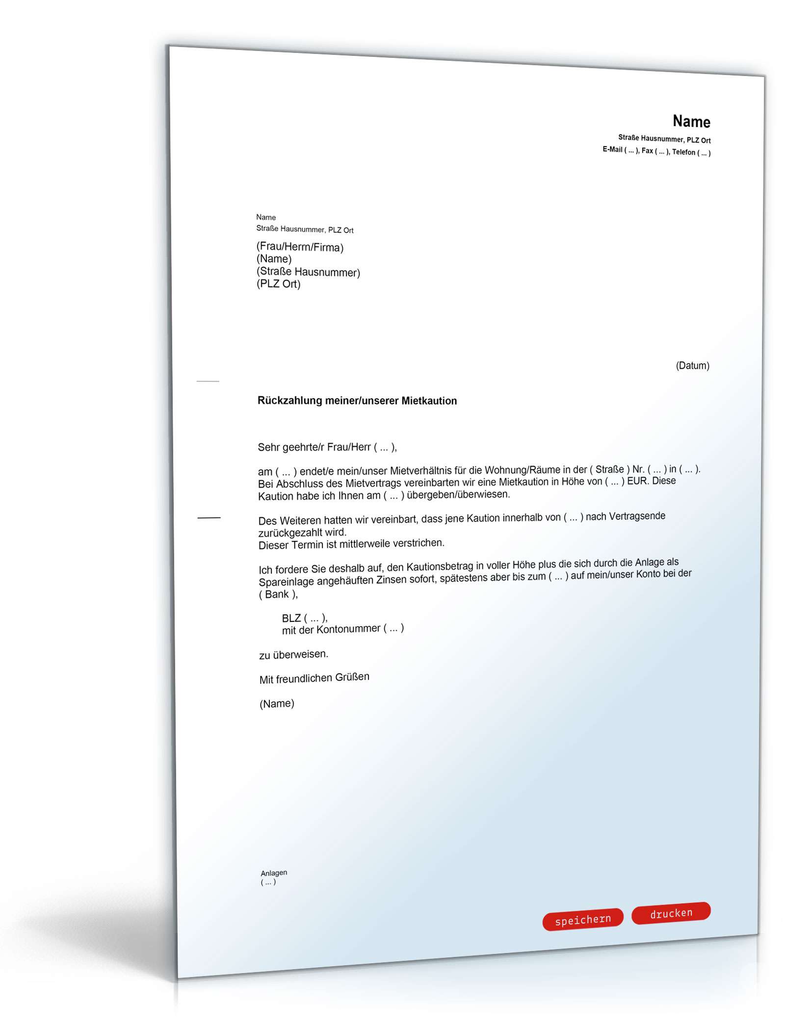 Aufforderung zur Rückzahlung der Mietkaution PDF