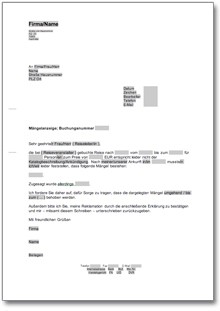 Mängelanzeige bei einer Reiseleitung mit Bestätigung / Abhilfeverlangen Word