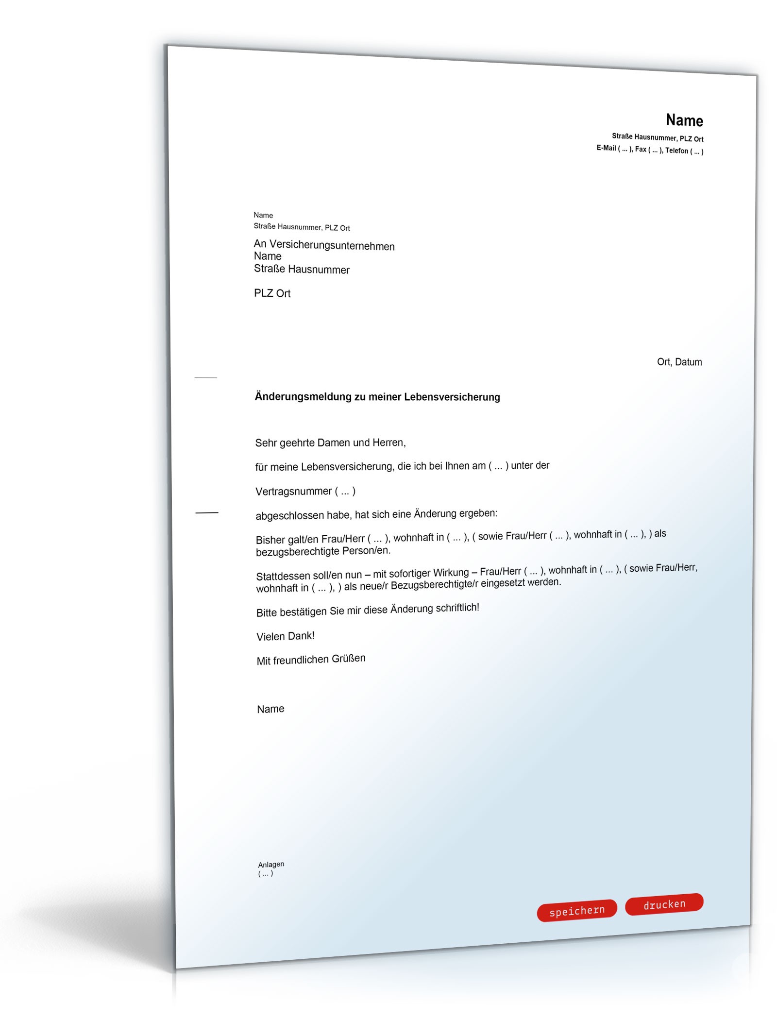 Mitteilung über die Änderung des Begünstigten einer Lebensversicherung PDF