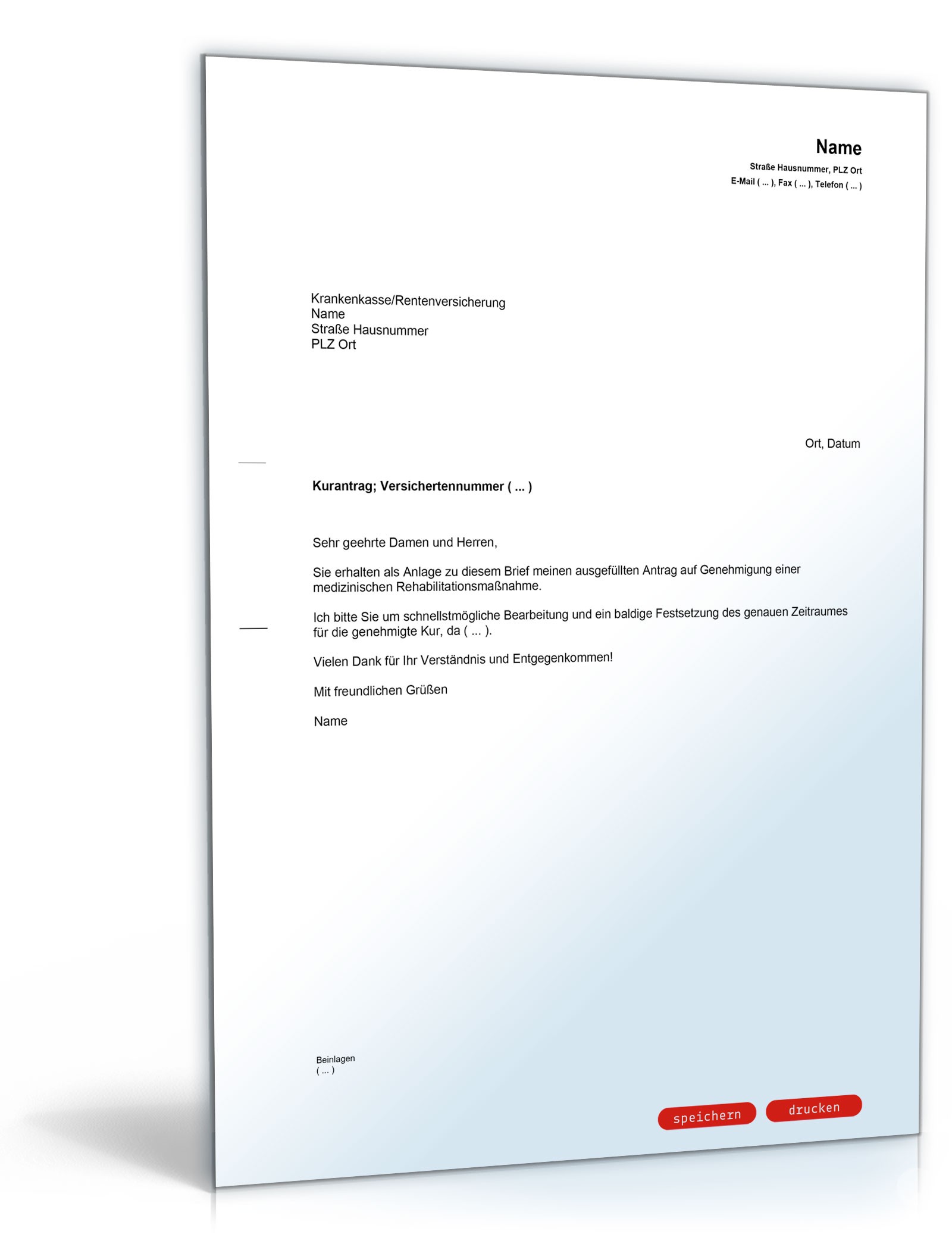 Begleitschreiben zum Antrag auf eine Kur bei der Krankenversicherung PDF