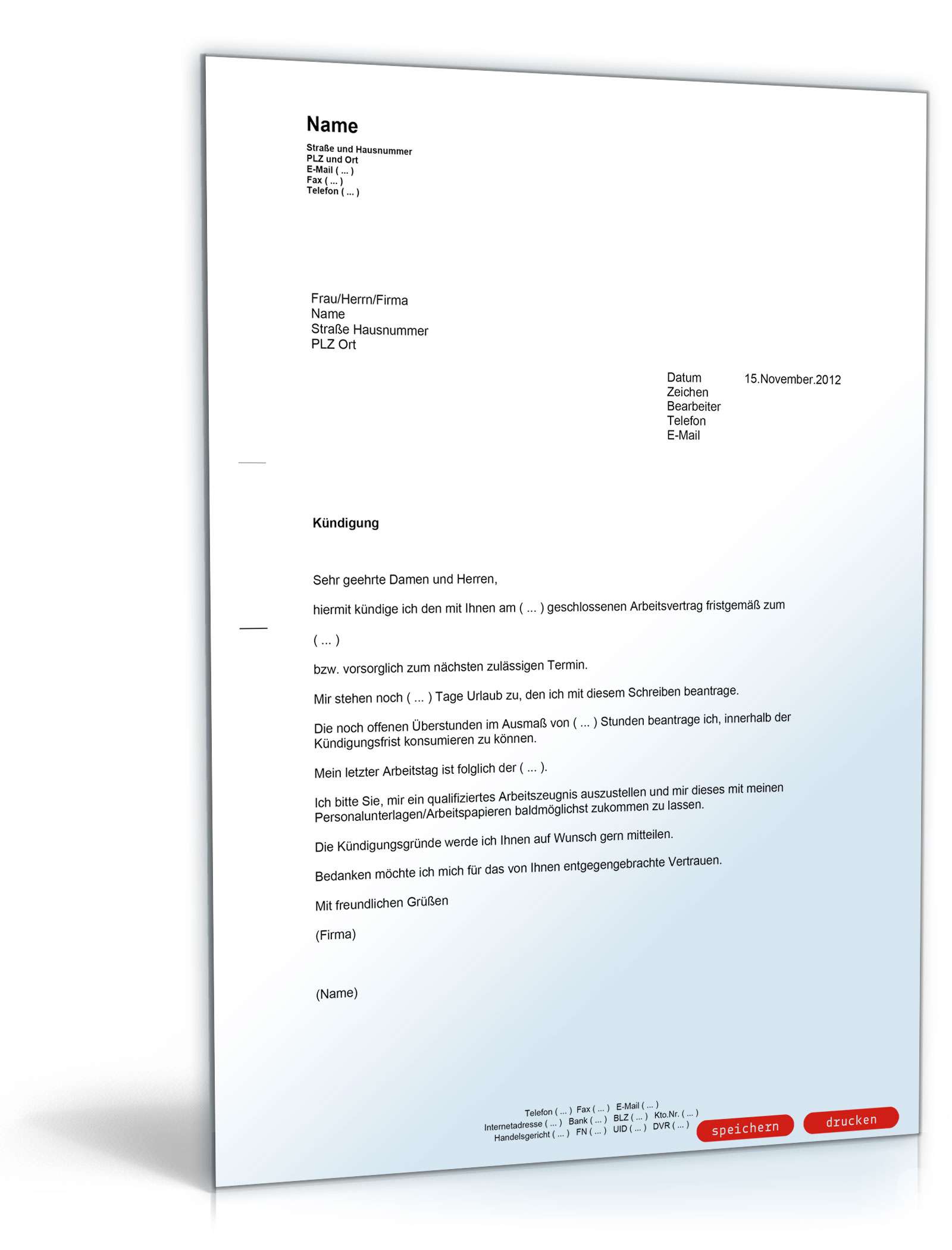 Ordentliche Kündigung an einen Arbeitgeber PDF