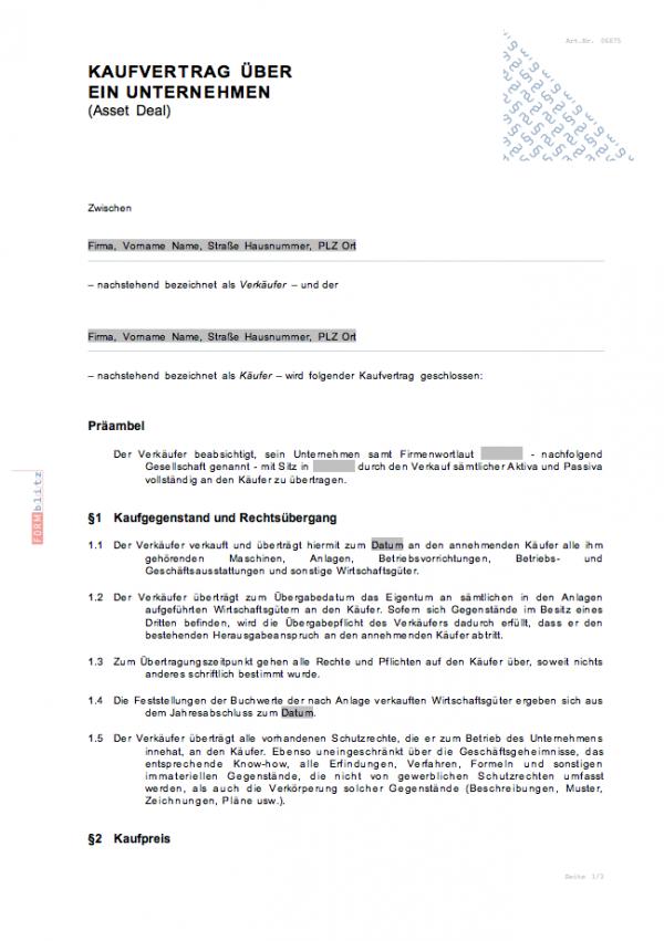 Kaufvertrag über ein Unternehmen (Asset Deal) Word. Seite: 2