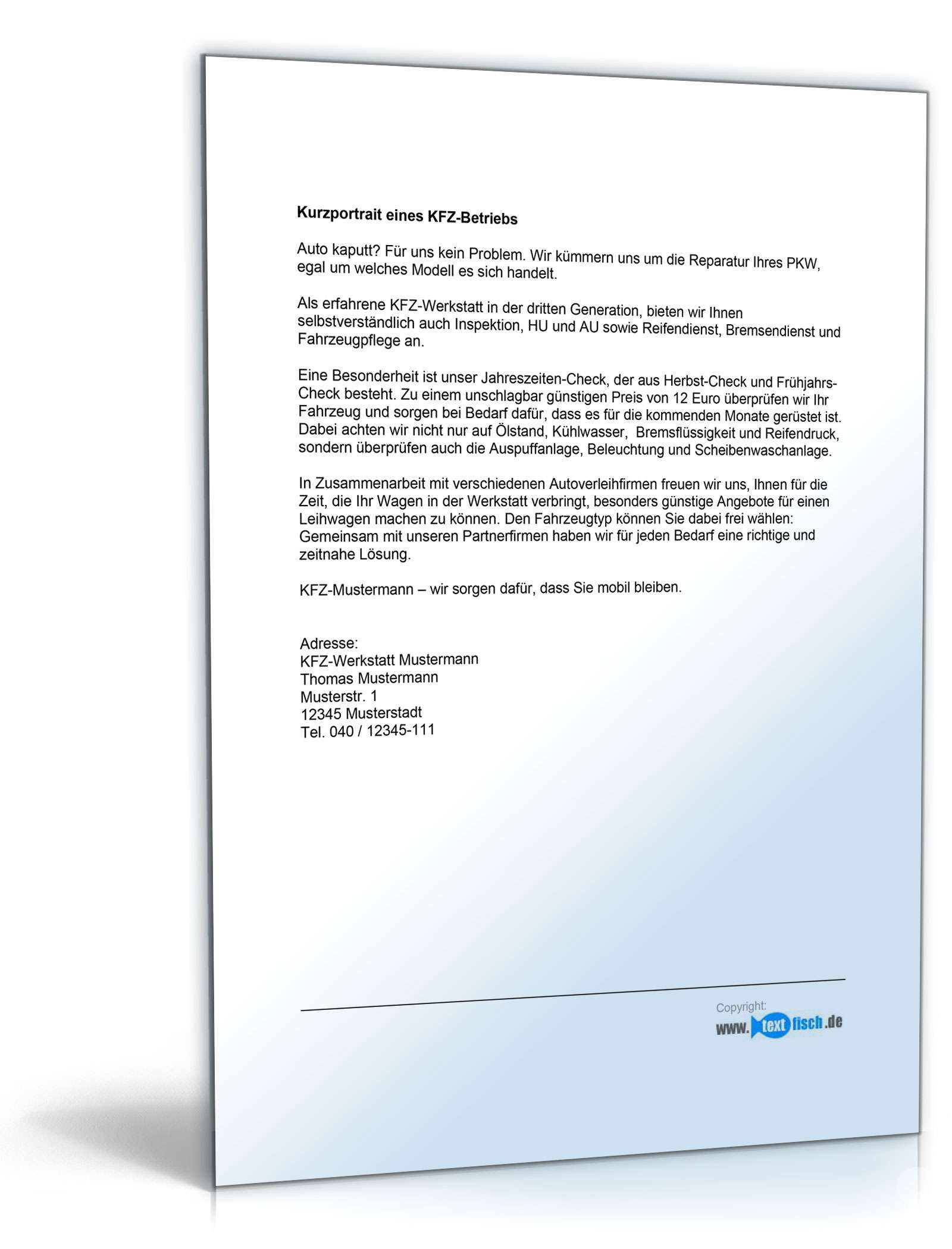 Werbetext für einen KFZ-Betrieb