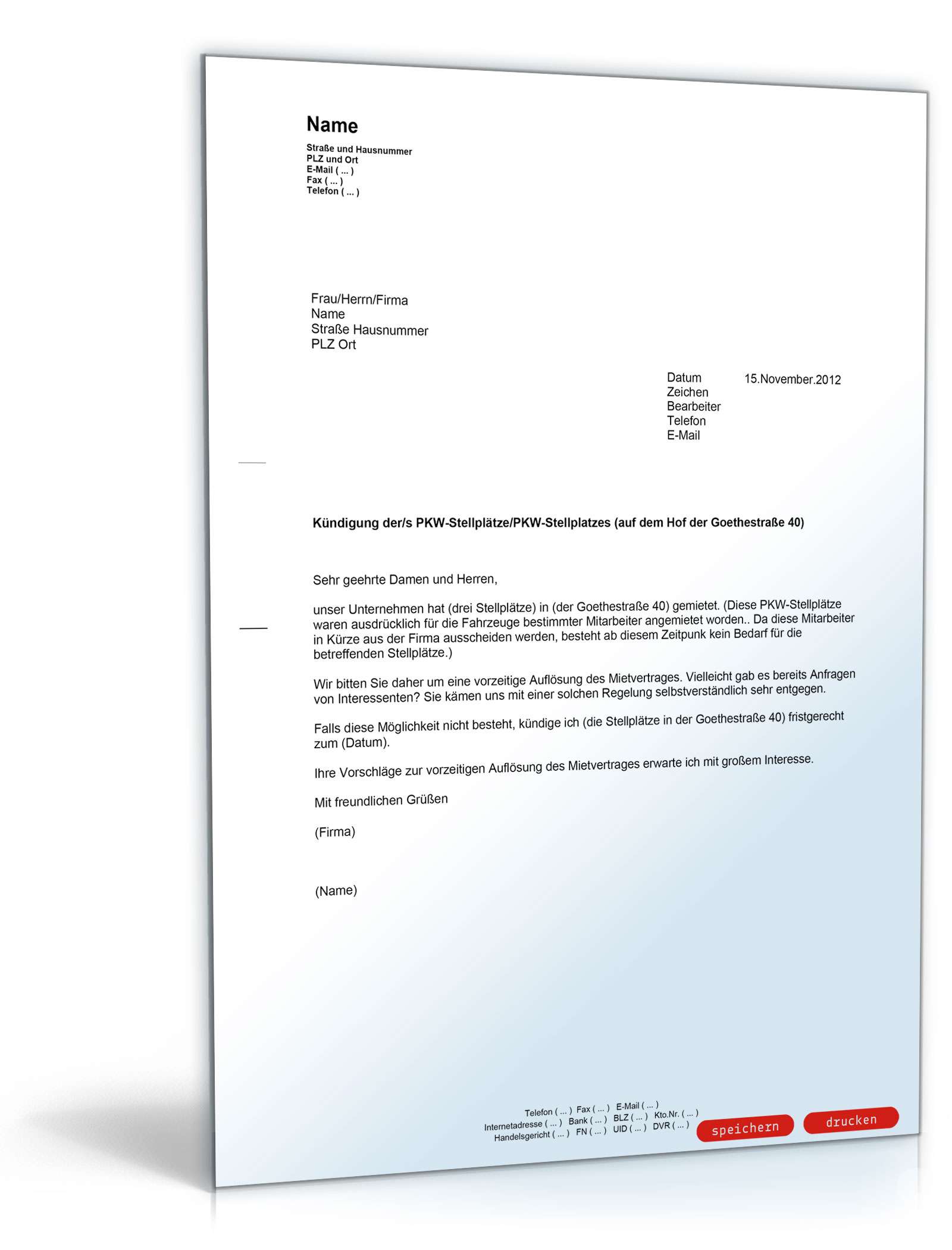 Kündigung eines Mietvertrags für Parkplätze PDF