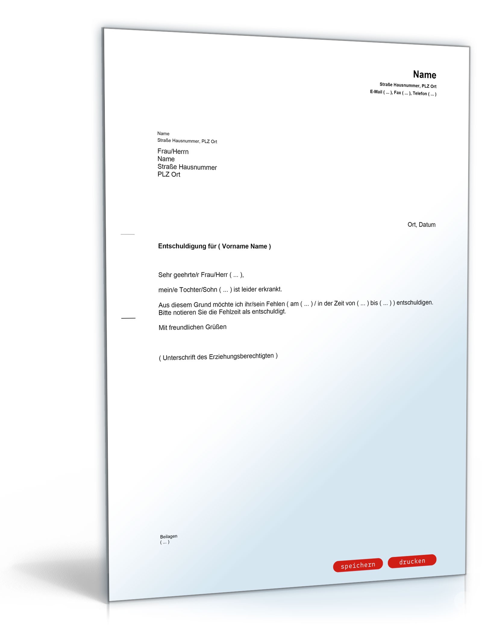 Entschuldigung an die Schule wegen Krankheit des Kindes PDF