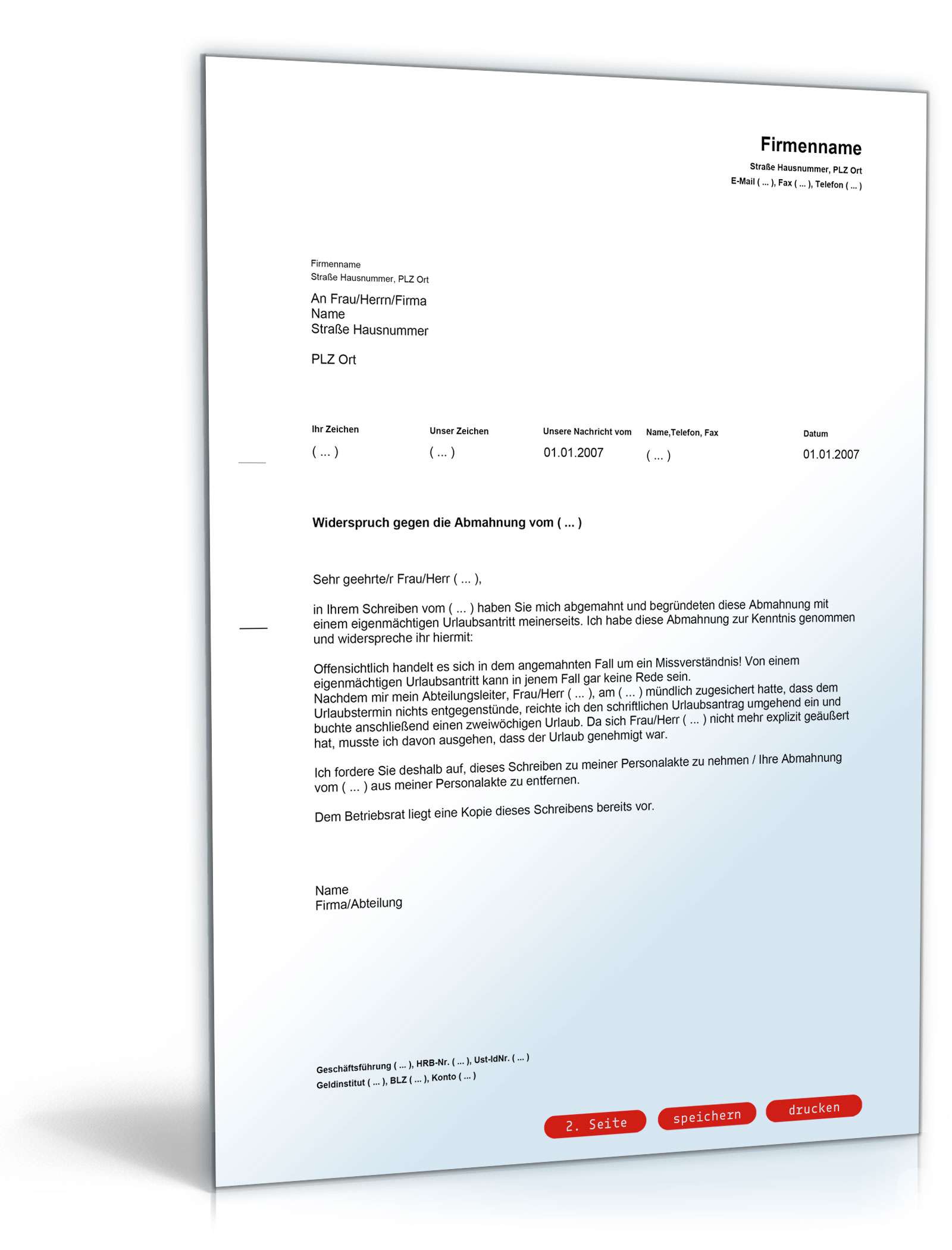 Gegendarstellung zur Abmahnung wegen eigenmächtigen Urlaubsantritts PDF