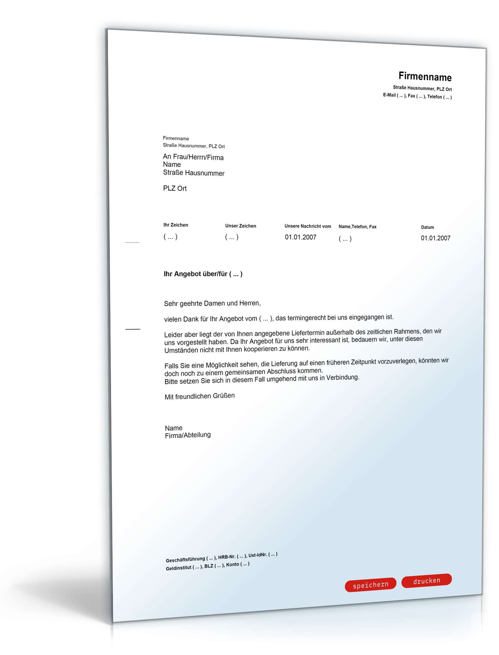 Absage eines Angebotes wegen eines zu späten Liefertermins PDF