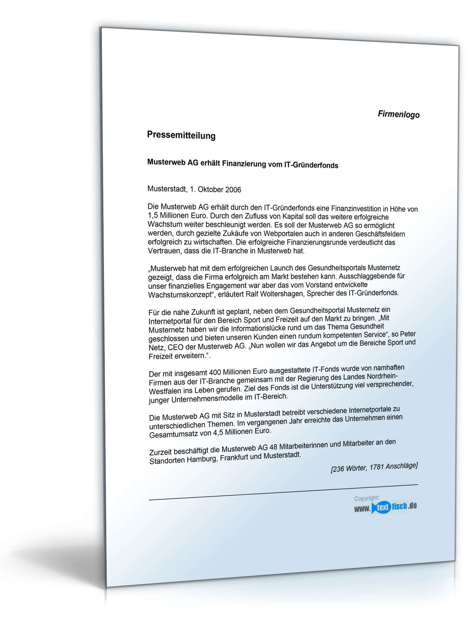 Pressemitteilung über erfolgreiche Finanzierungsrunde (Unternehmen)