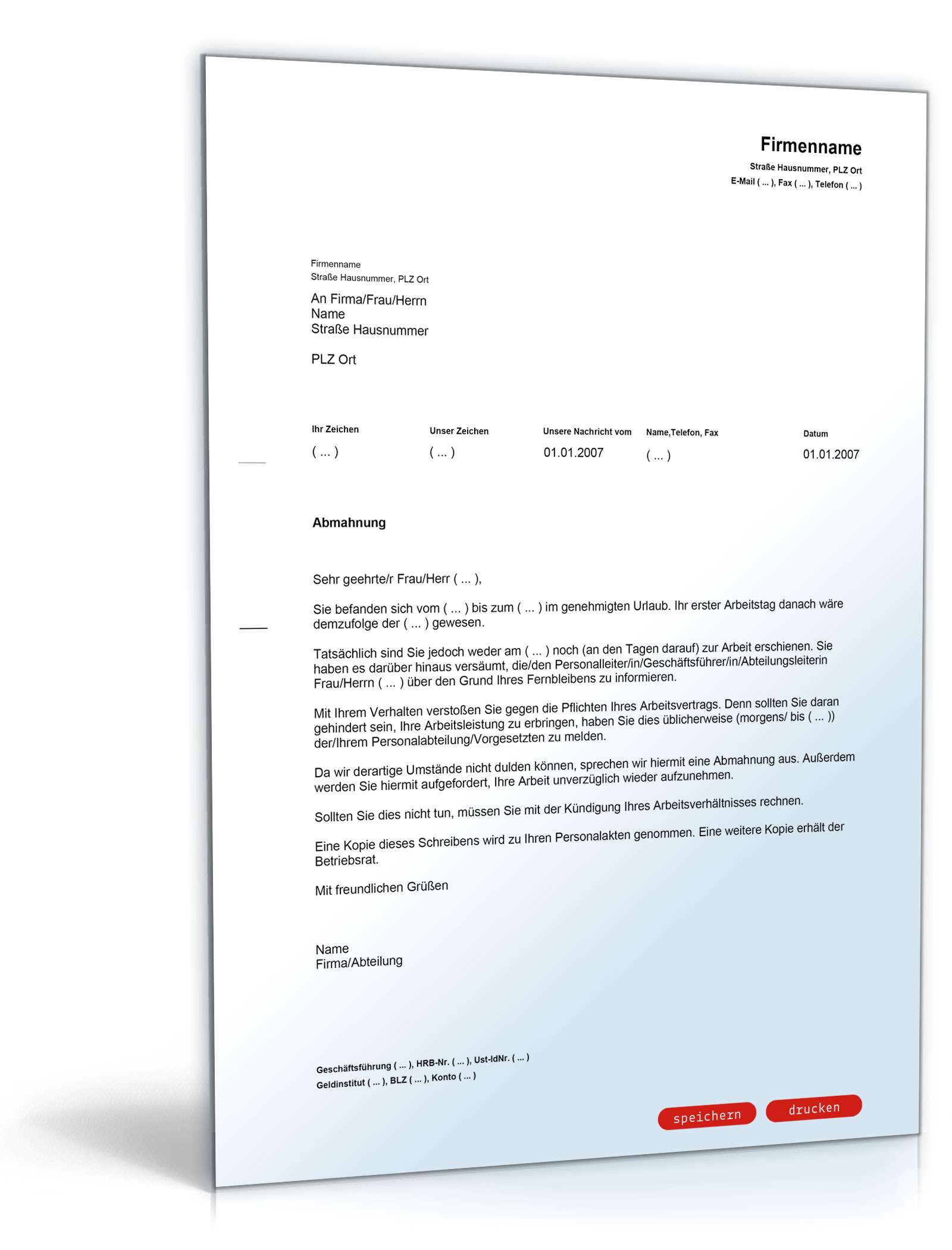 Abmahnung wegen Nichterscheinens am Arbeitsplatz nach dem Urlaub PDF