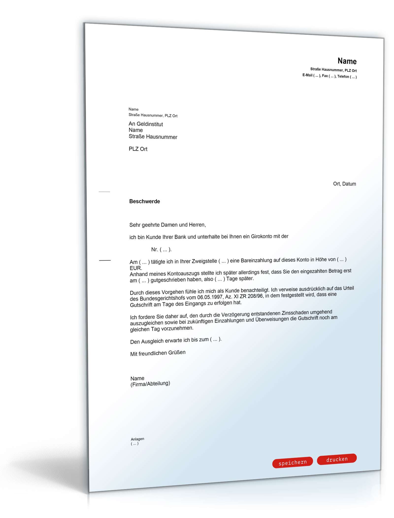 Beschwerde bei einer Bank wegen verspäteter Gutschrift PDF