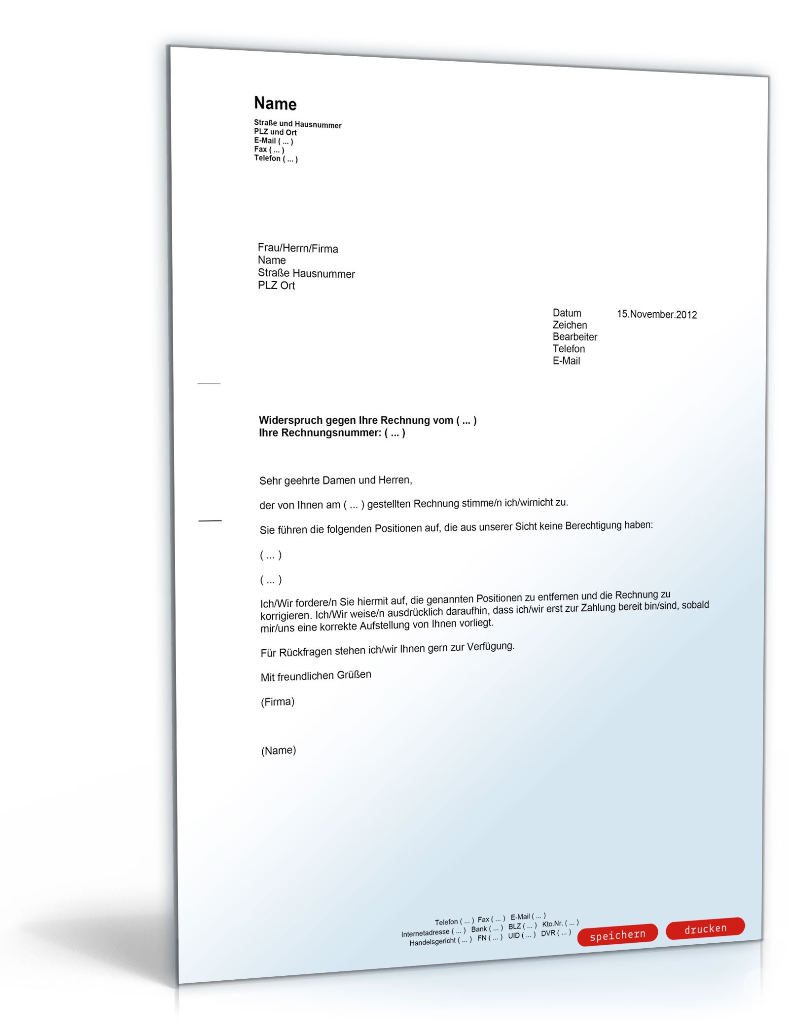 Widerspruch Rechnung PDF